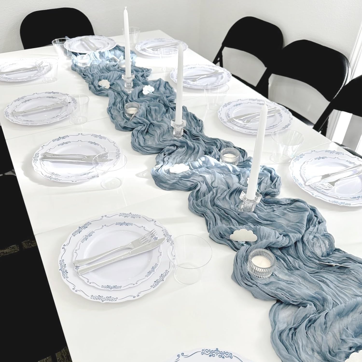 10 Pack Dusty Blue Cheesecloth Table Runners - 10ft Boho Gauze Fabric for Wedding Arch Draping, Bridal Baby Shower, Birthday Party & Cake Table Decor - Rustic Semi-Sheer Tablecloth for Boho, Farmhouse & Rustic Weddings