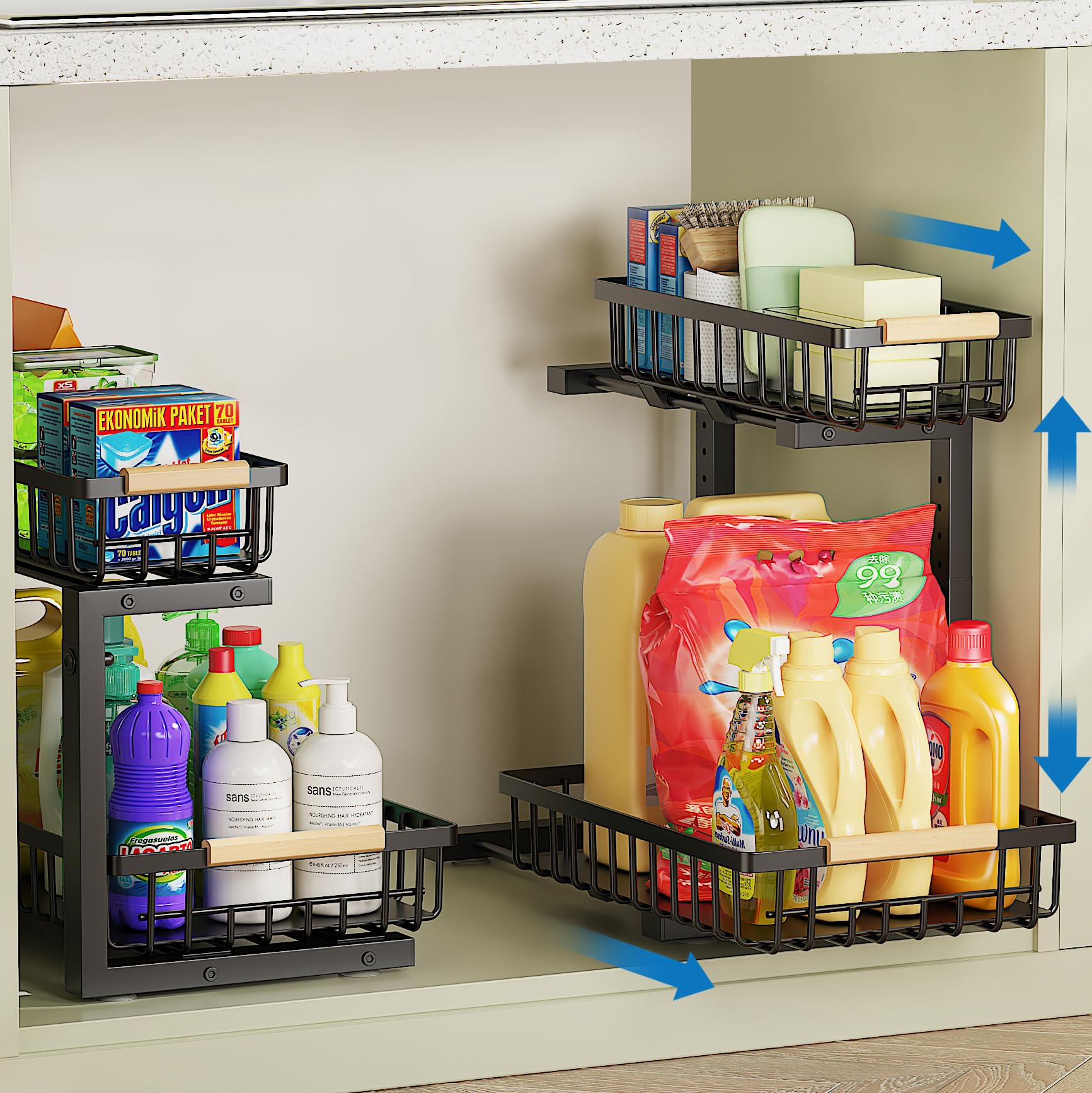 2 Pack Under Sink Organizer - 2 Tier Adjustable Metal Sliding Drawer for Kitchen, Bathroom & Pantry | Space Saving Cabinet Storage Solution | Perfect for Sponges, Cleaners & Toiletries Organization (Black)