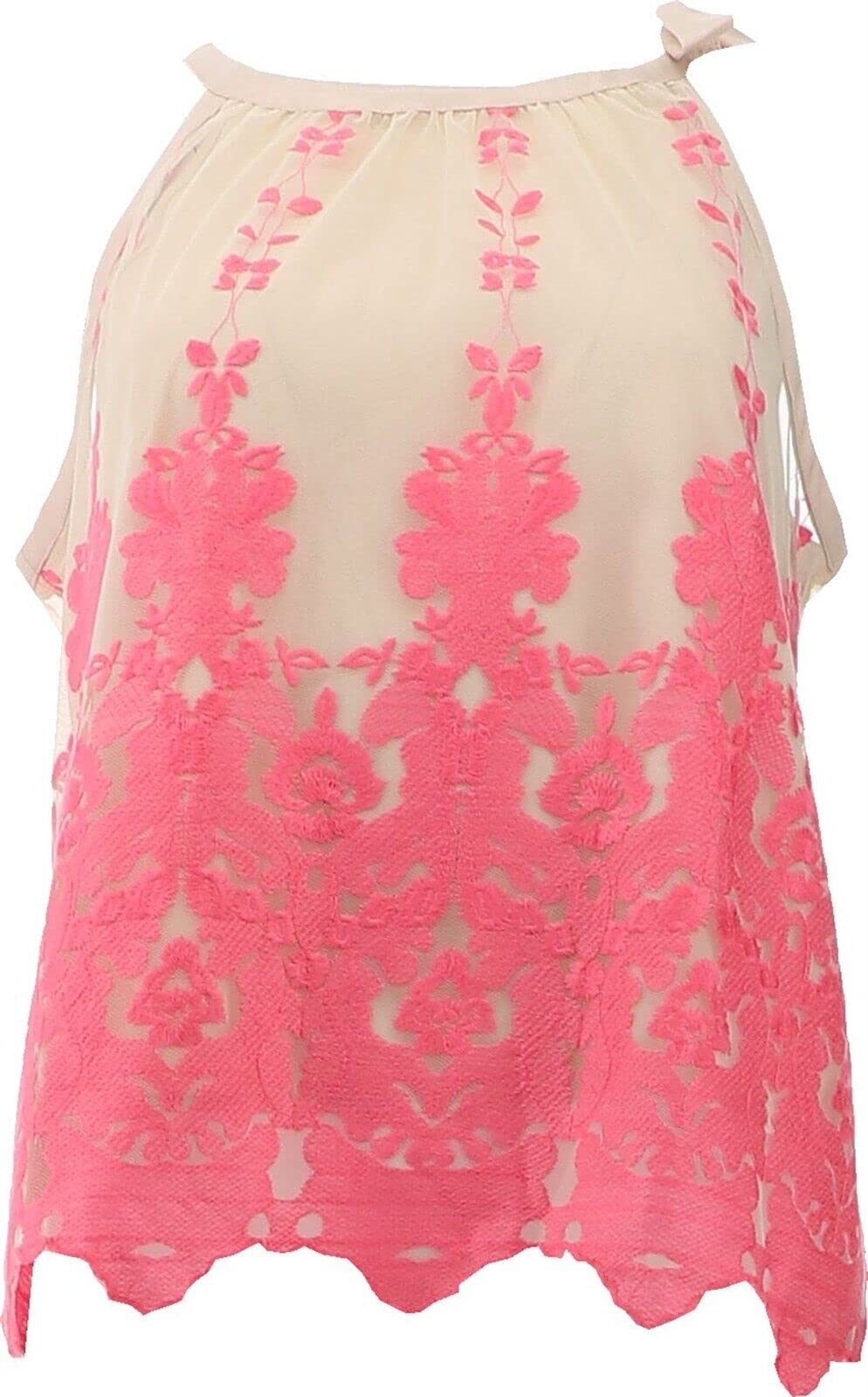 David David Meister Women's Embroidered Lace Mesh Blouse - Nude Peony Size M 758-424 | Elegant Party Top for Evening Events & Date Nights