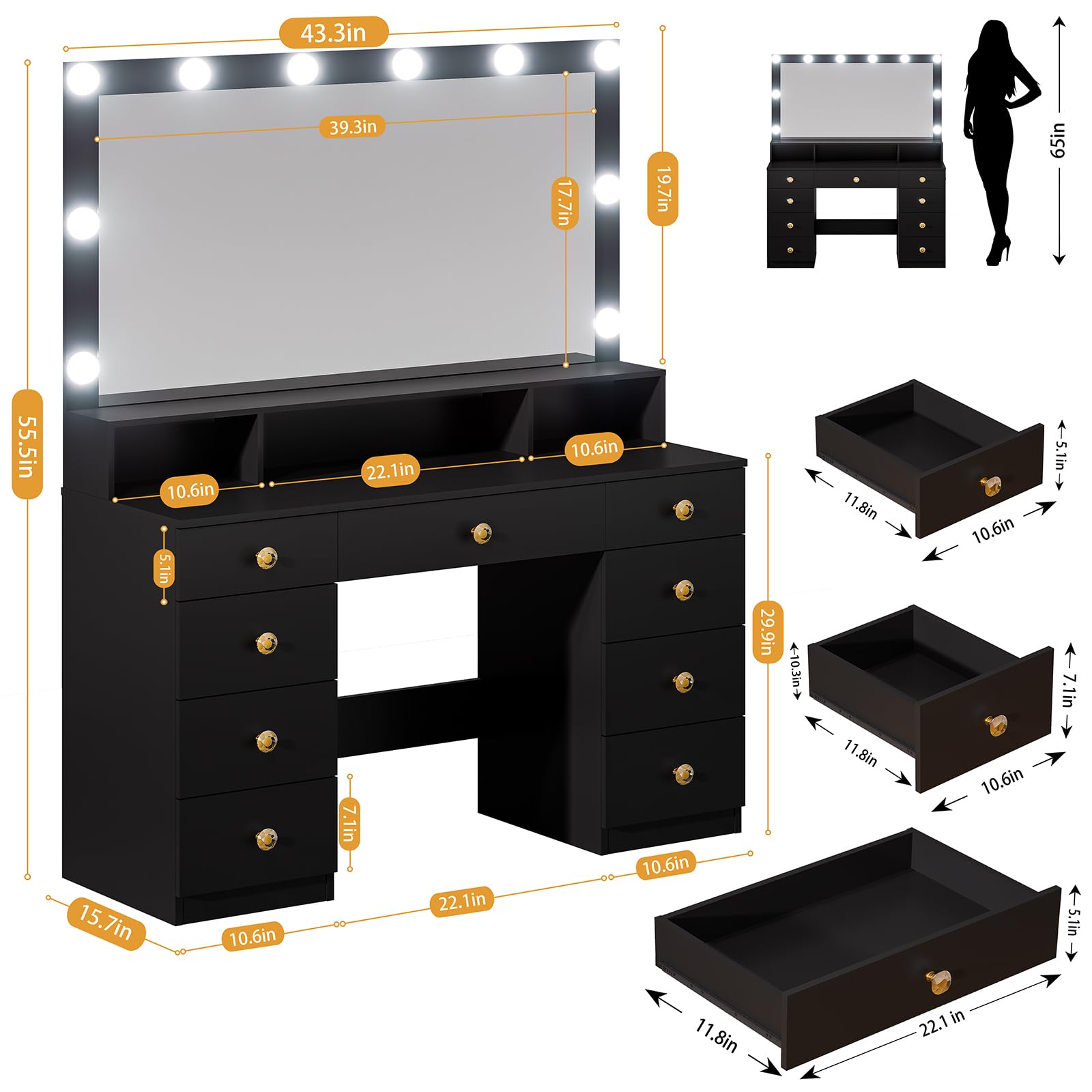 Vanity Desk with Large Mirror & LED Lights - 9-Drawer Makeup Dressing Table with Super Storage, Power Outlet & Crystal Handles - 3 Lighting Modes - Perfect for Women & Girls Bedroom, Beauty Salon or Bridal Suite (Black)