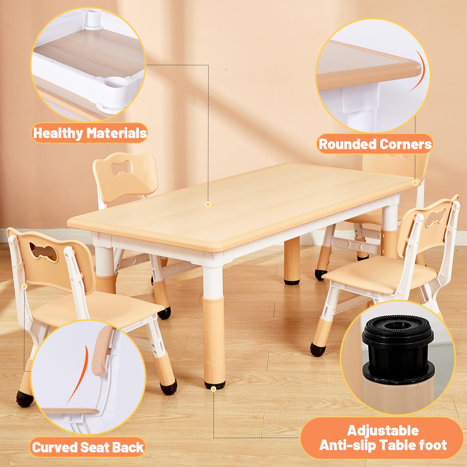 FUNLIO Adjustable Height Kids Table and 4 Chairs Set for Toddlers Ages 3-8 | Easy to Clean Arts & Crafts Table with Wipeable Surface | Perfect for Classrooms, Daycares, Playrooms & Home Use | CPC & CE Certified 5-Piece Set (Natural Wood) - Ideal for Drawing, Learning Activities & Playtime