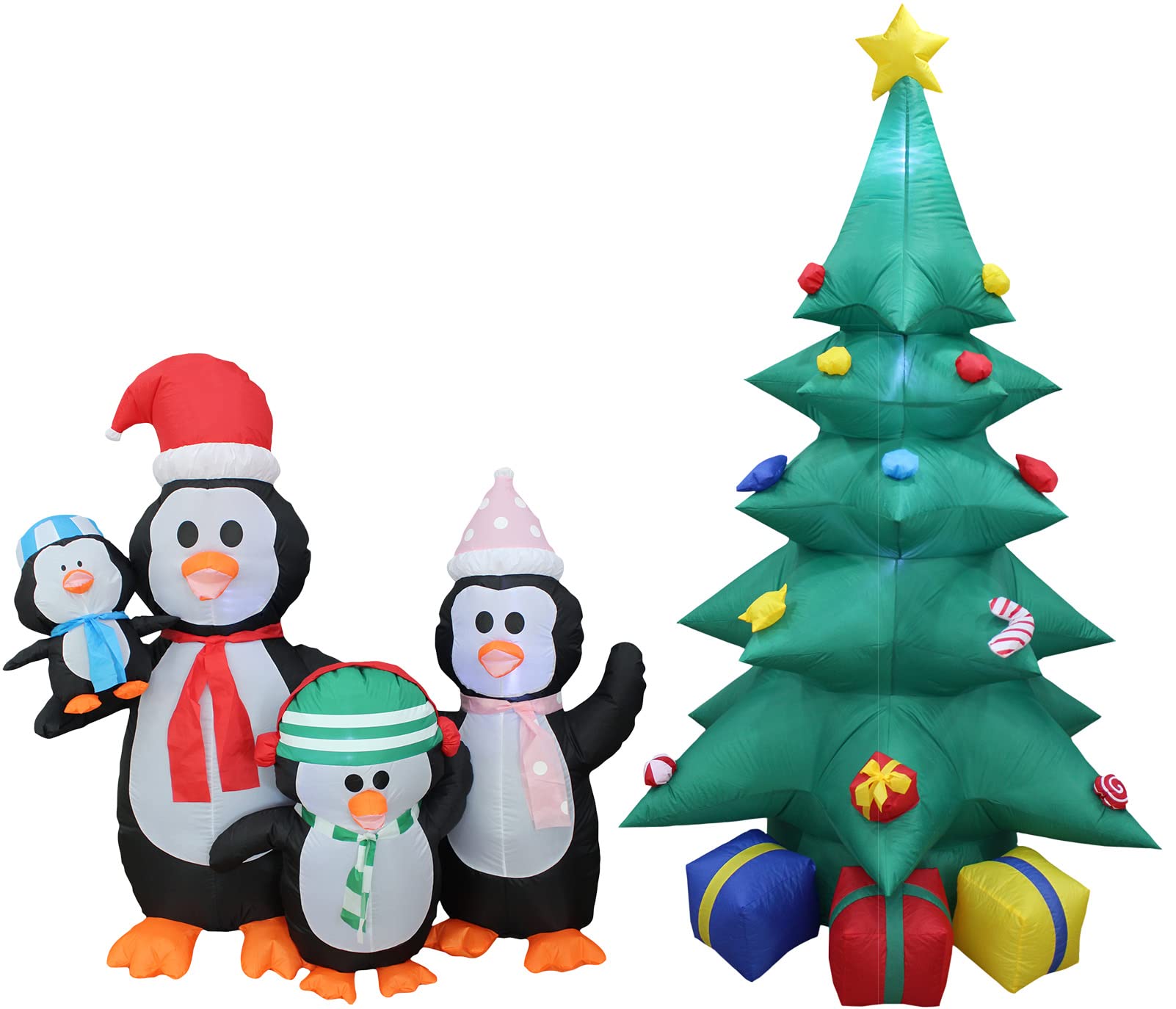 5ft Christmas Inflatable Penguin Family & 8ft Tall Inflatable Green Christmas Tree with Multicolor Gift Boxes and Star - Holiday Party Decorations Bundle for Outdoor Yard, Indoor Christmas Decor, Xmas Party Supplies