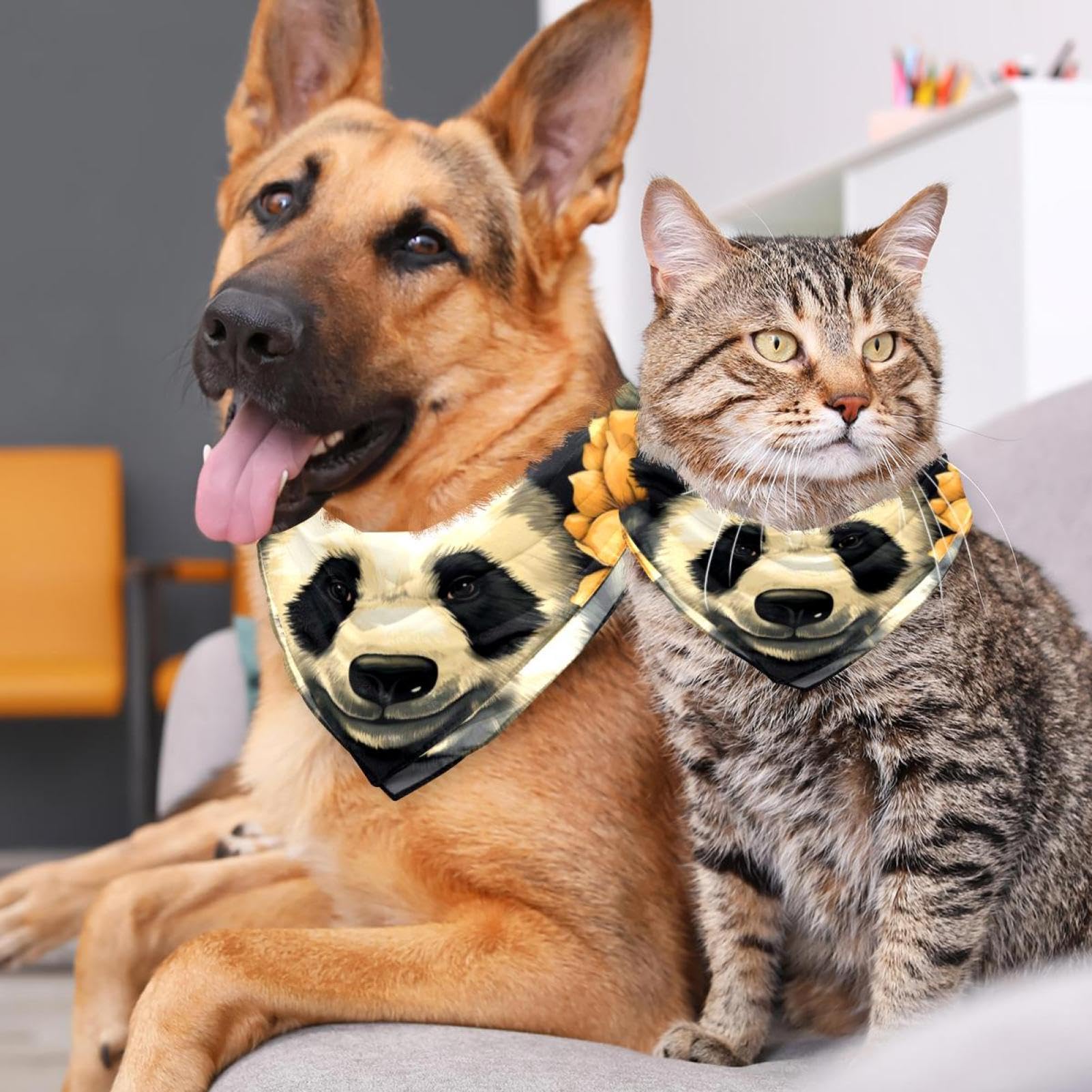 Dog Bandanas for Small Medium Large Pets - 2-Piece Set with Panda Bear & Sunflower Designs - Fashionable Pet Scarf Accessories for Dogs & Cats - Perfect for Daily Walks, Photo Shoots & Special Occasions