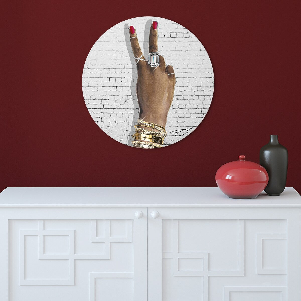BEE U T F L Frameless Free Floating Tempered Glass Round Wall Art - 24x24 Inch Modern Home Decor for Living Room, Bedroom & Office - Hand Gesture Graphic Design for Contemporary Interior Spaces