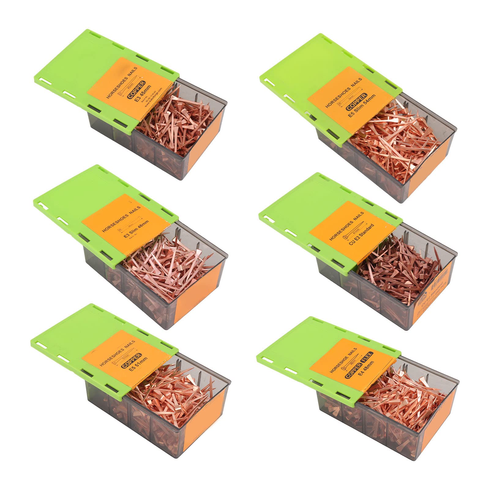 250Pcs Copper Plated Horseshoe Nails for Farrier & Livestock - 54mm/2.13in E5slim Size with Plastic Storage Box - Perfect for Horse Shoeing, Hoof Care & Equine Maintenance