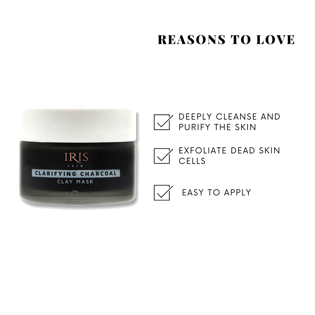 Iris Clarifying Charcoal Clay Mask - Deep Cleansing & Detoxifying Facial Treatment for Oily & Acne-Prone Skin | Reveals Radiant Complexion | 50g | Perfect for Weekly Skincare Routine & Spa Night