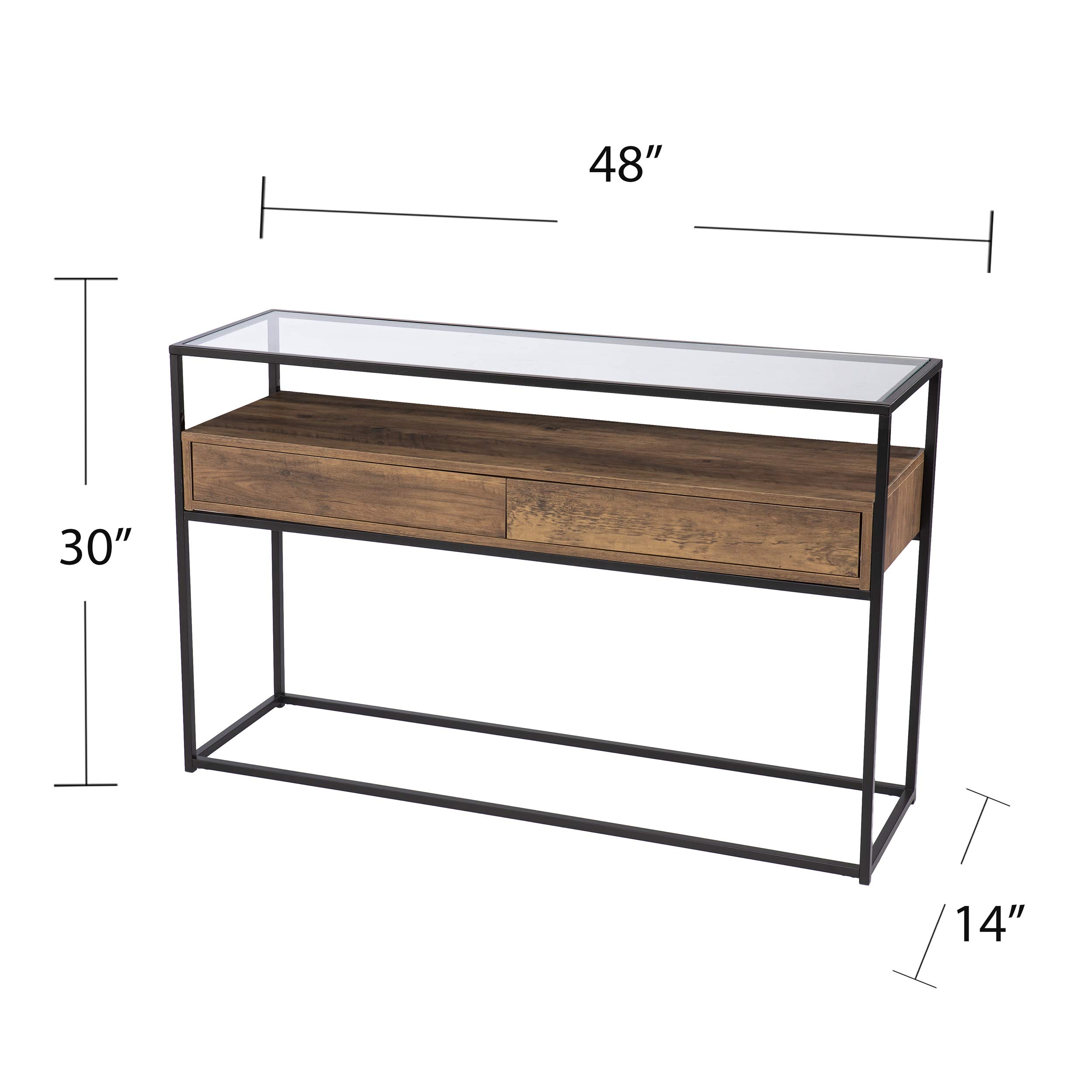 SEI Furniture Olivern Glass-Top Console Table with Storage - Modern Industrial Farmhouse Style Entryway Table for Living Room, Hallway & Foyer - Brown Wooden Sofa Table with Open Shelf Design
