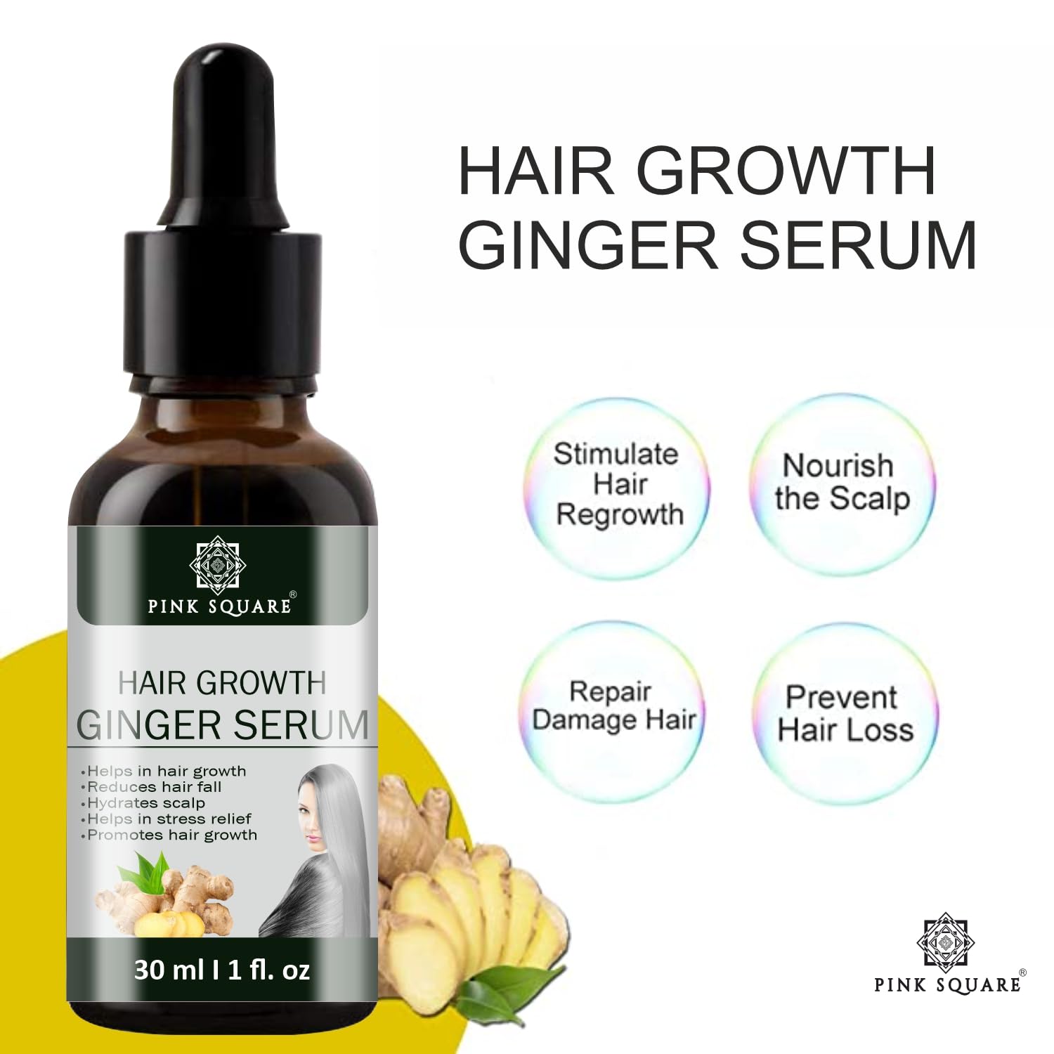 Pink Ginger Hair Growth Serum - Reduces Hair Loss & Dandruff, Nourishes Scalp & Strengthens Hair - 30ml (1 Pack) | For Thinning Hair, Dry Scalp & Healthy Hair Growth