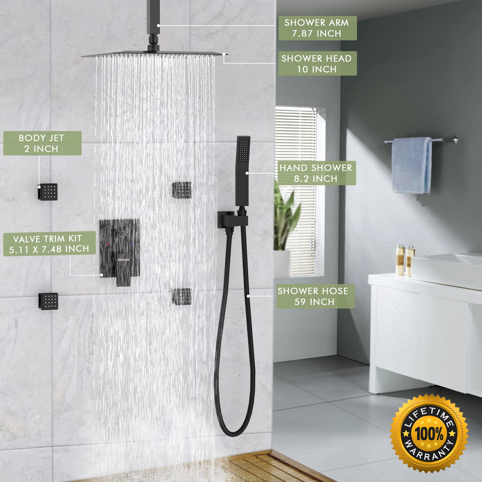 Premium Matte Black Shower System with 10 Inch Rain Shower Head, Handheld Spray & Body Jets - 3 Way Ceiling Mount Shower Faucet Set with Pressure Balanced Valve for Luxurious Spa Experience at Home