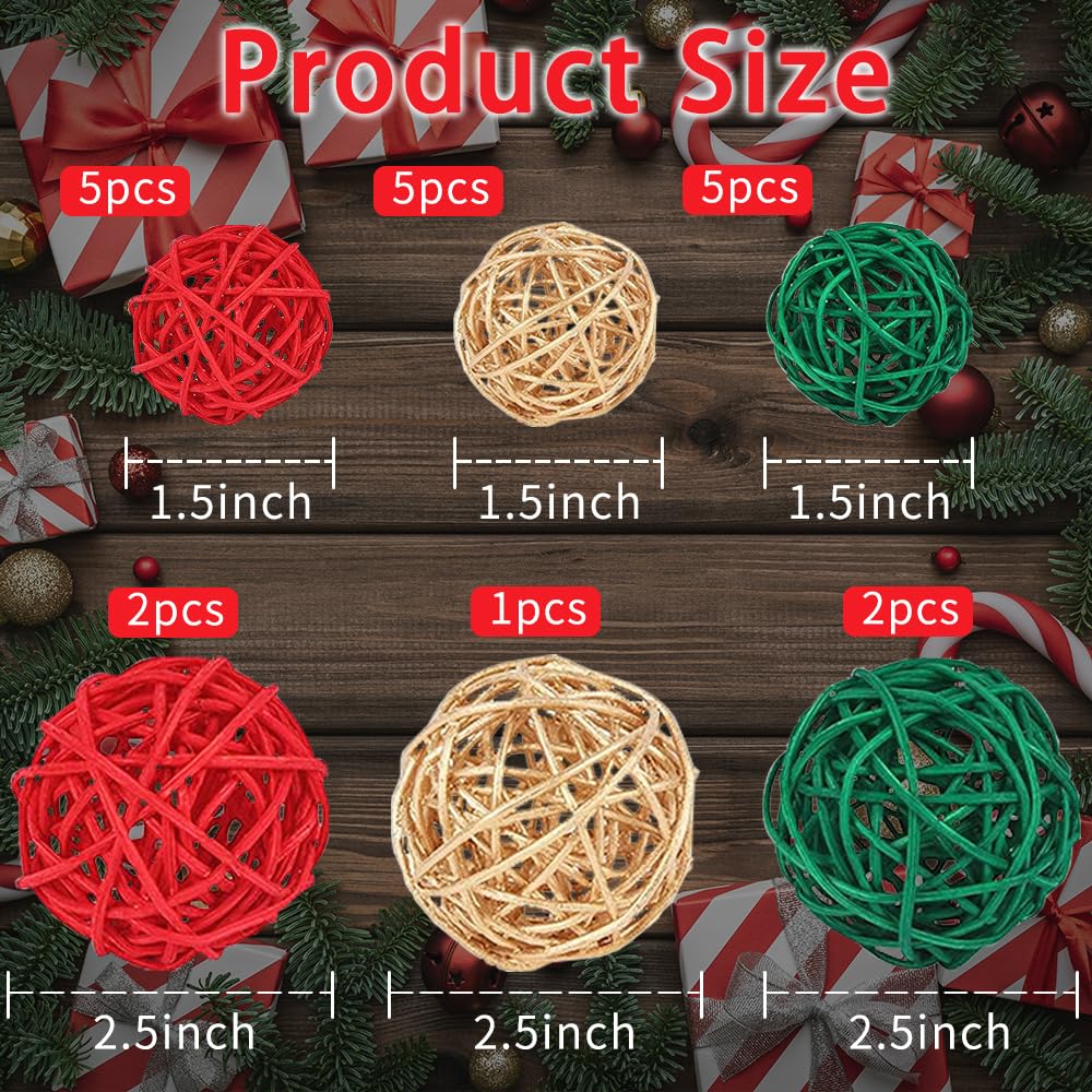 Qingbei Rina Christmas Wicker Rattan Balls - 20 PCS Decorative Orbs in Red, Green & Gold for Xmas Vase Fillers, Centerpieces & Bowl Decor | Perfect for Holiday Home Decor, Table Settings & Festive Gift Wrapping