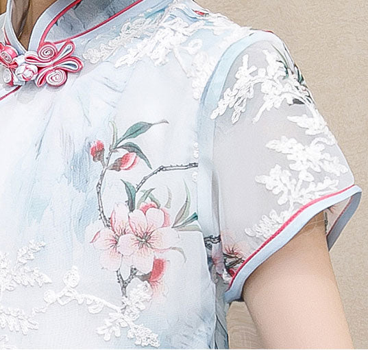 Blue Floral Cheongsam Qipao Dress for Girls - Traditional Chinese Kids Dress for Parties, Photos & Special Occasions