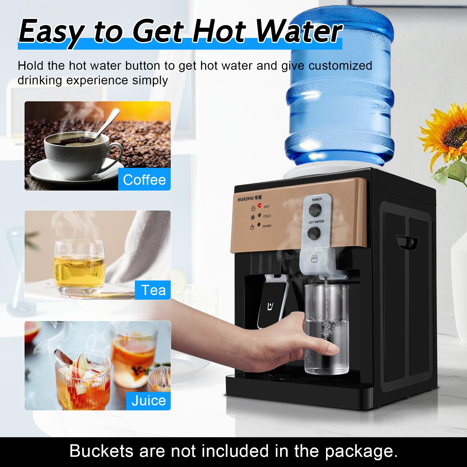 Top Loading Countertop Water Cooler Dispenser - Hot, Cold & Warm Water Options - 110V Primo Water Dispenser Holds 5 Gallon Bottles - Perfect for Home, Office & Dormitory Use (Black/Brown) - Ideal for Kitchen, Break Room & Small Spaces