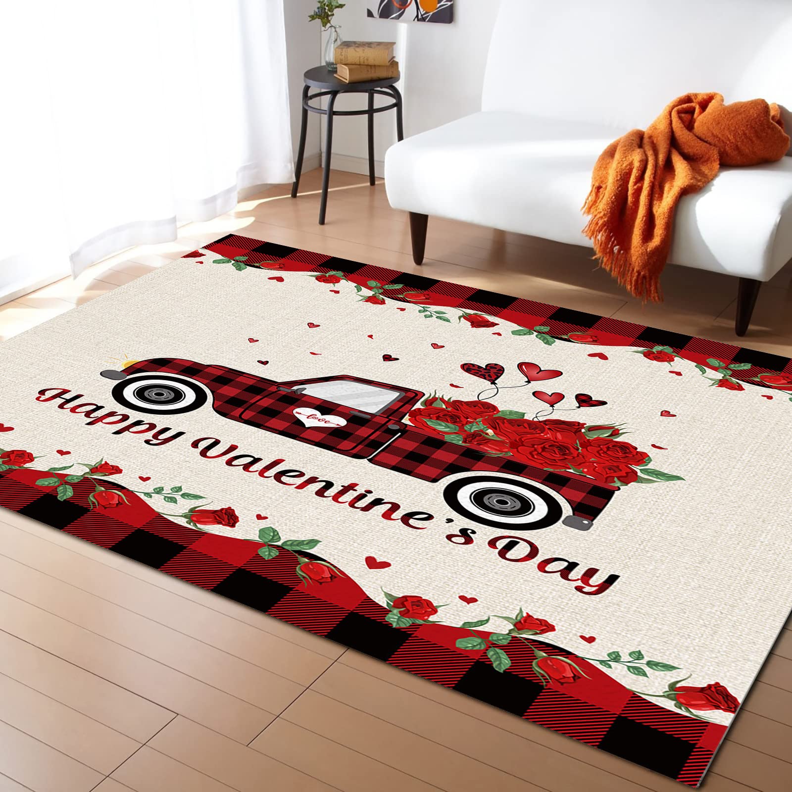 LEOSUCRE 5' x 7' Large Area Rugs - Soft Throw Carpet for Nursery, Kids Room, Living Room & Bedroom | Burlap Valentine Truck Design with Rose Plaid Vintage Pattern | Non-Slip Floor Mat for Home Decor, Kitchen Runner, Dorm & Office