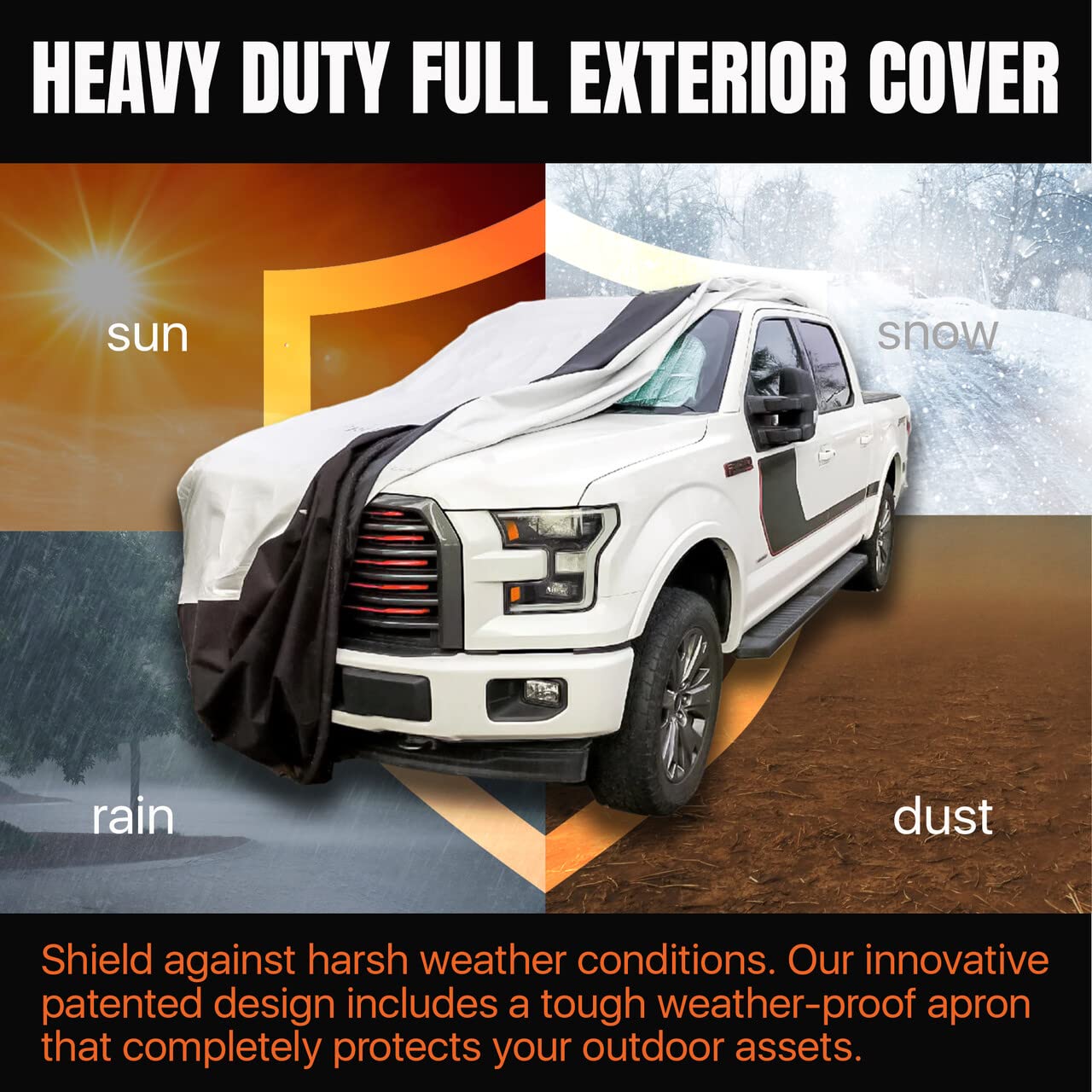 Heavy Duty Truck Cover - Wind & Weather Resistant, Patented Weighted Ground Conforming Apron Seal, 360° Full Protection for Long Bed Trucks (260