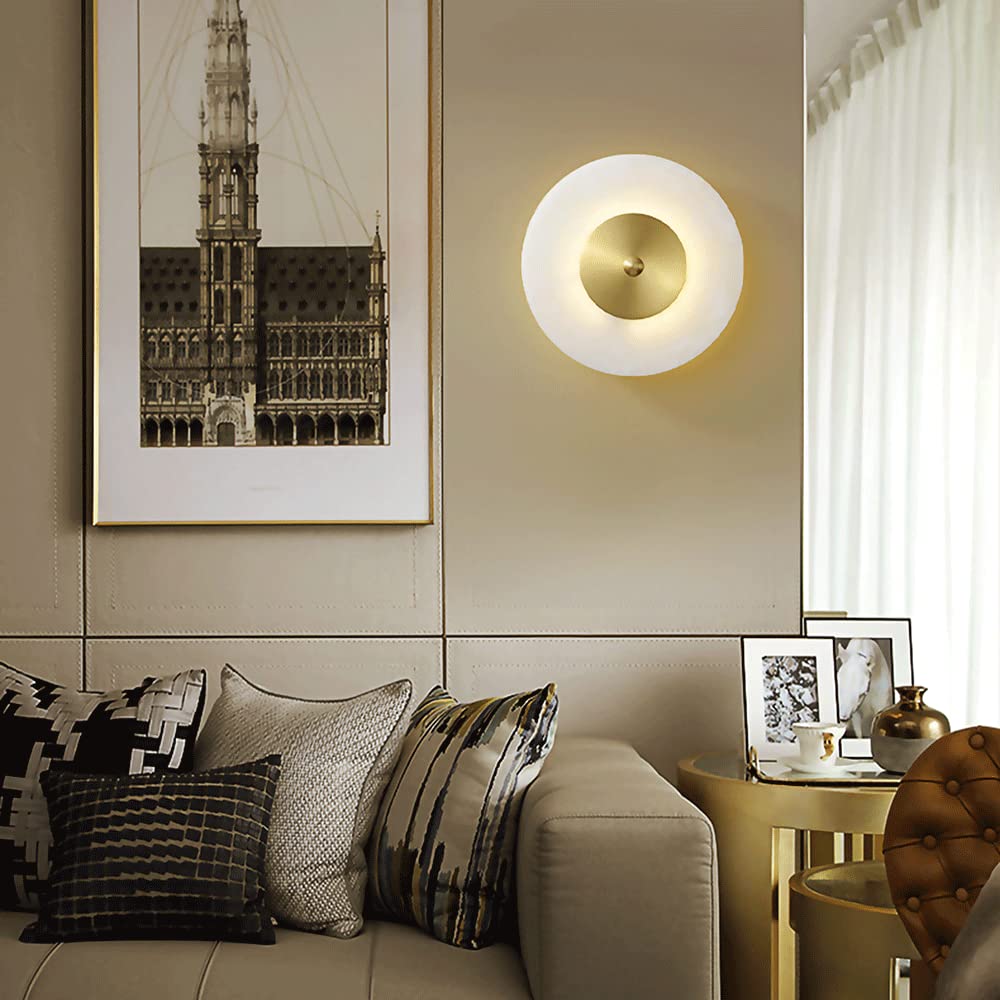 Modern Round Copper Wall Sconce with Marble Shade - LED Wall Mounted Light Fixture for Bedroom Headboard, Living Room, Hallway & Study - Dimmable Ambient Lighting for Home Decor