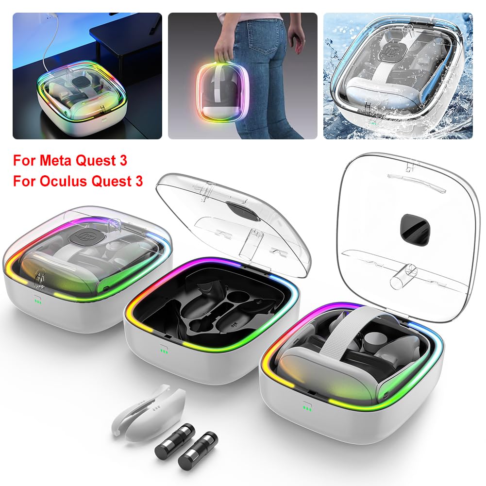 RGB Charging Dock for Meta Quest 3 - VR Headset Charging Station with 2 Rechargeable Batteries & LED Light - Fast Charging Stand for Meta Quest 3 Accessories - Perfect for Gaming, VR Streaming & Home Entertainment Setup