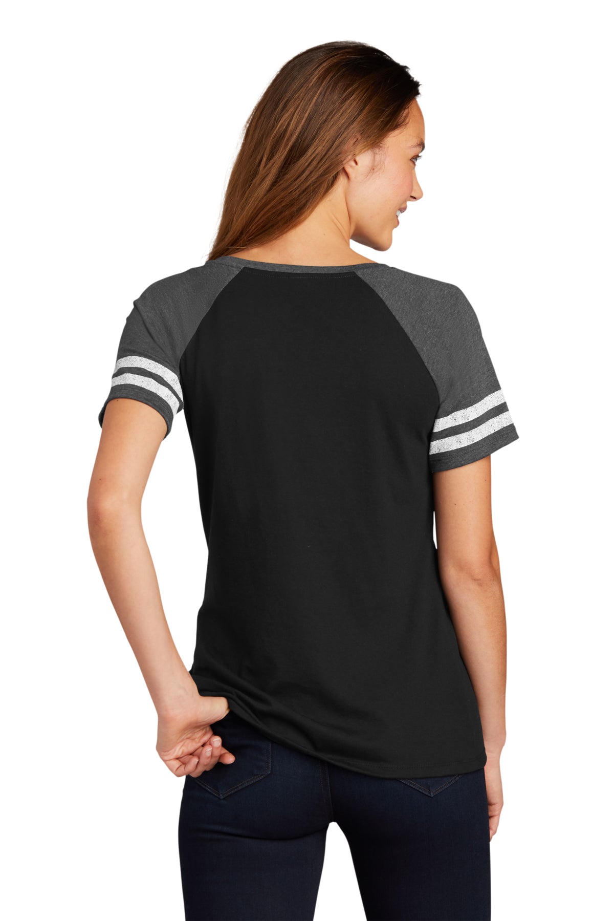 District Made Women's Game V-Neck T-Shirt - Black & Heathered Charcoal - Casual Wear for Sports, Outings & Everyday Comfort