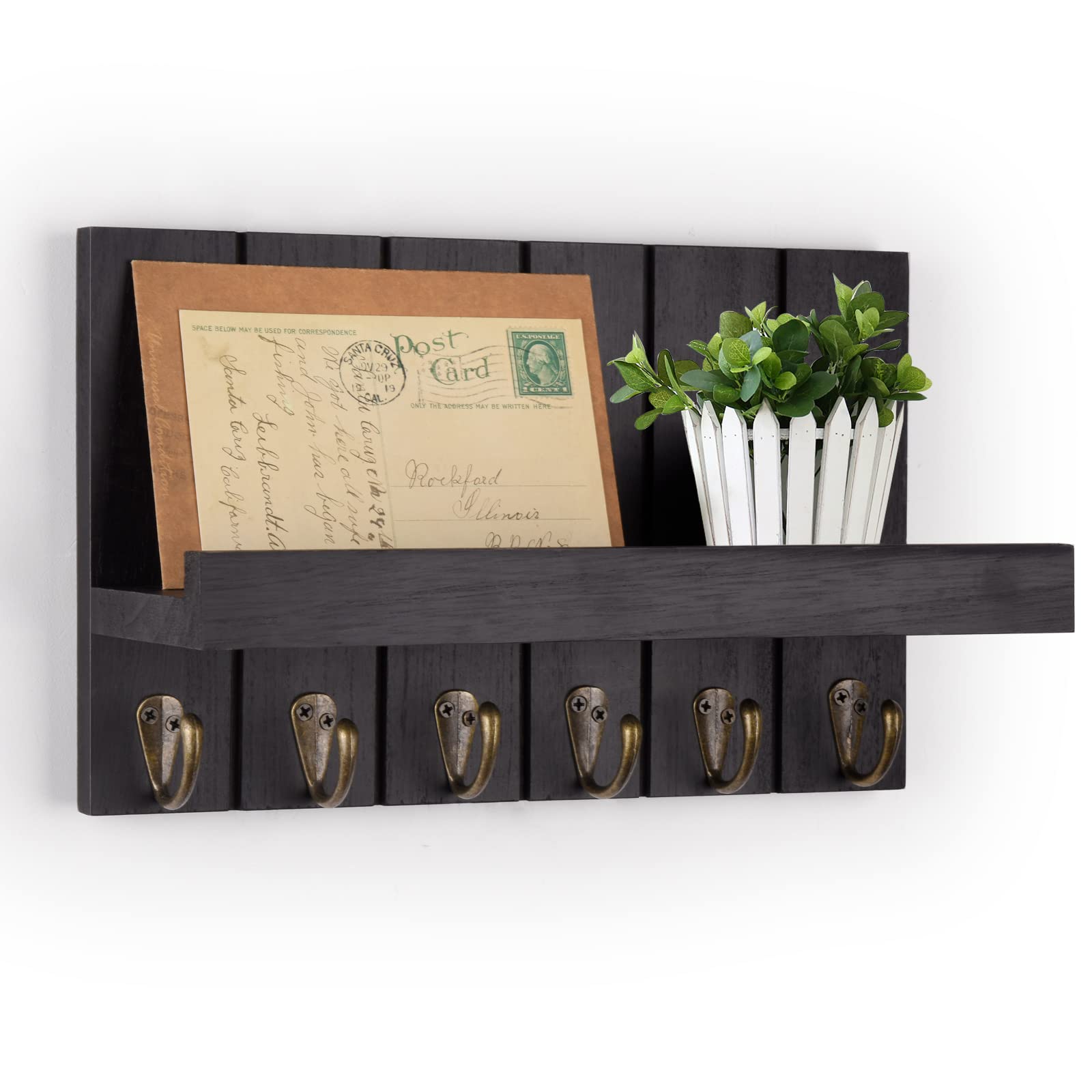 DLQuarts Wall Mount Key Holder & Mail Organizer - Decorative Wall Hooks with 6 Key Hangers, Black - Perfect for Entryway, Mudroom, and Home Organization