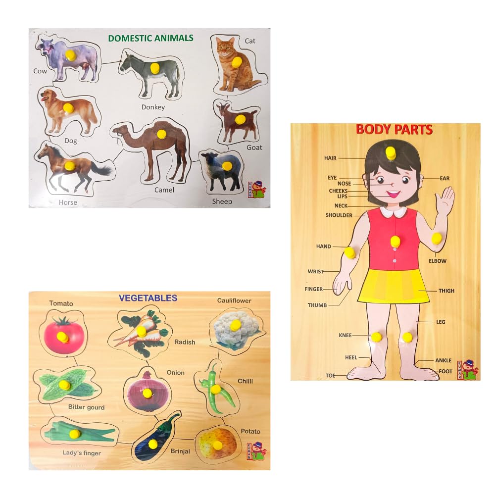 5-in-1 Wooden Learning Puzzle Set for Kids & Adults - Alphabet, Animals, Vegetables, Shapes, Birds & Body Parts Educational Toys | STEM Learning, Preschool Education & Family Game Night Activities