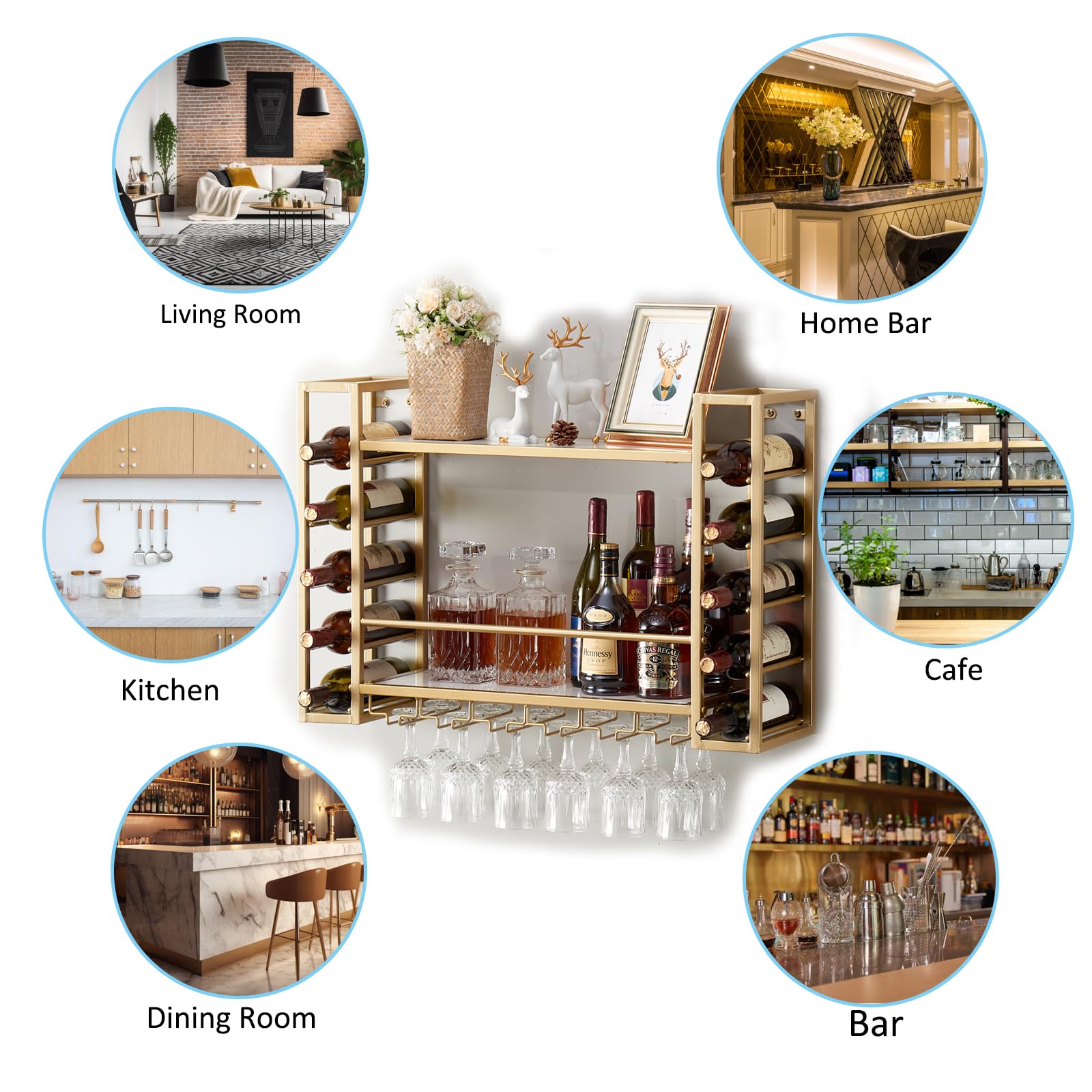 31.5 Inch Gold Wall Mounted Wine Rack with Glass Holder - Metal Bottle Storage Display Shelf for Home Bar, Dining Room & Kitchen - Perfect for Wine Enthusiasts and Entertaining Guests