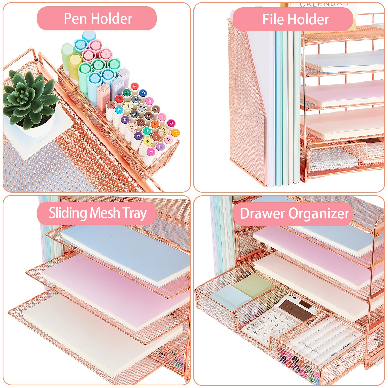 5-Tier Desk Organizer with File Holder, Drawer & Pen Storage - Rose Gold Paper Letter Tray for Office Organization | Perfect for Women's Workspace, Home Office & School Supplies Management