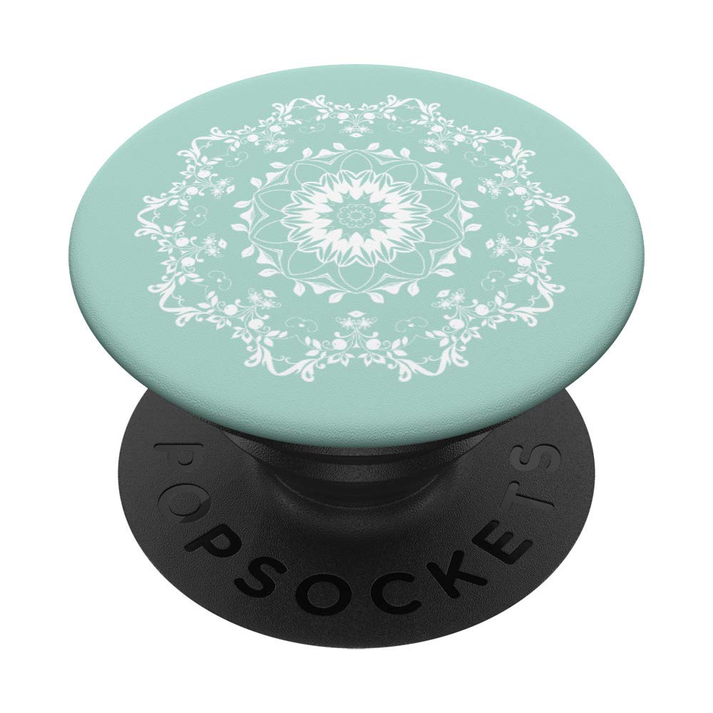 Pastel Mint Green Arabesque Mandala White Artistic PopGrip - Swappable Phone & Tablet Grip for Stylish Protection and Secure Handling