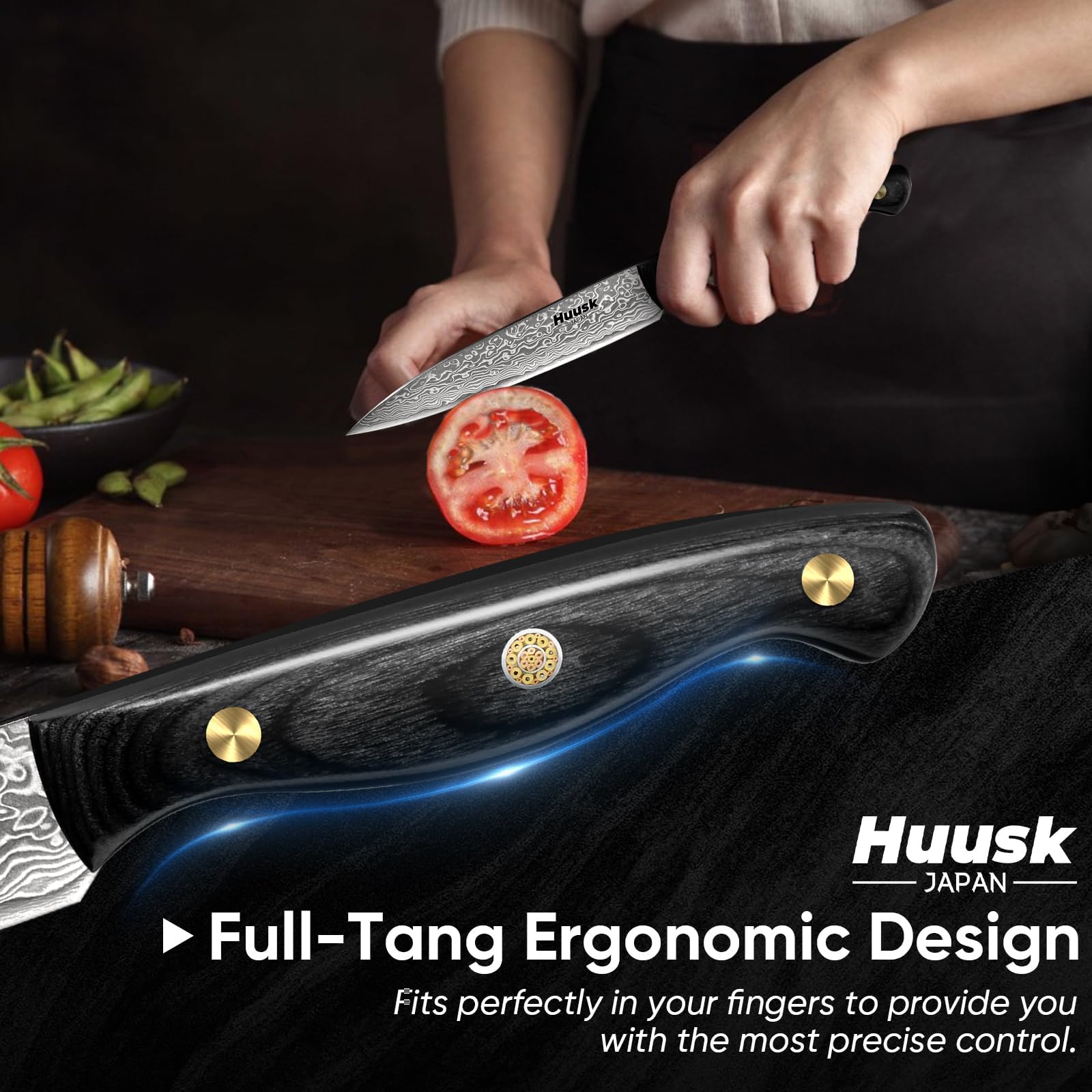 Premium Huusk Damascus Chef Knife Set 3-Piece - VG10 Santoku Knife, Utility Knife & Paring Knife with Ebony Handle - Professional Japanese Steel Kitchen Knives for Meat, Vegetables, Fruits - Perfect Gift for Dad, Mom & Home Chefs - Ideal for Cooking, Slicing, Dicing & Food Prep