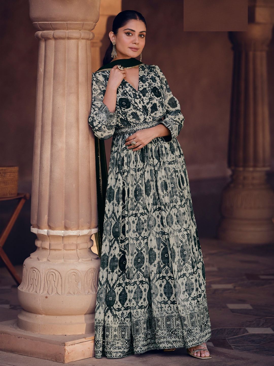 Elegant Beige Georgette Designer Anarkali Dress with Printed Embroidery - Perfect for Weddings, Parties & Festive Occasions