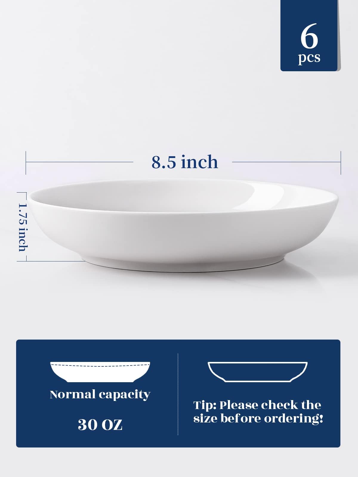 Y YHY 30oz White Porcelain Pasta Bowls Set of 6 - Large Wide Shallow Soup & Salad Serving Bowls, Microwave & Dishwasher Safe - Perfect for Family Dinners, Entertaining Guests & Valentine's Day Gifts