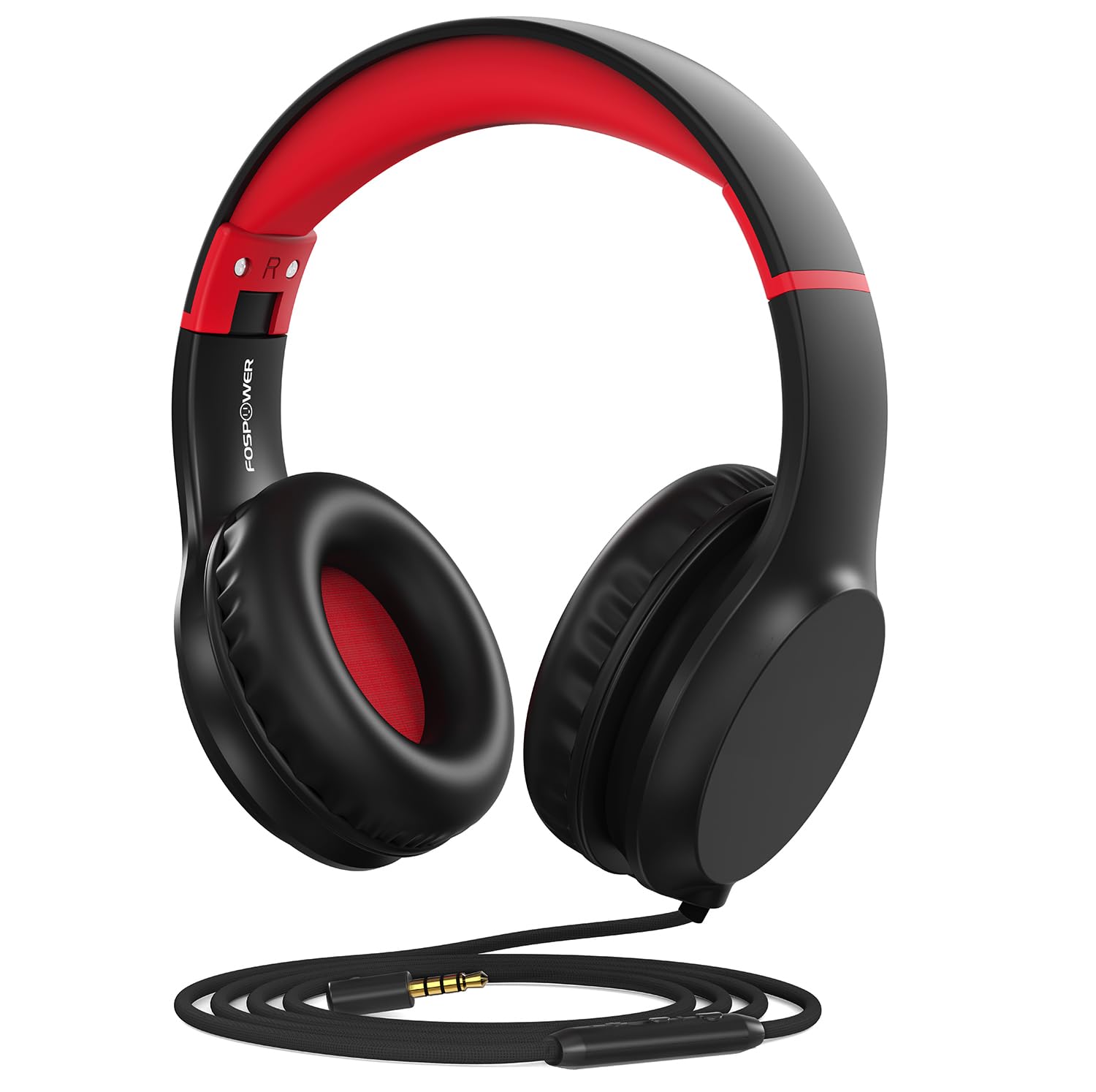 FosPower Kids Headphones with 3.5mm Jack - Volume Limited 85dB Safe Headphones for Children & Teens - Over Ear Foldable Adjustable Headset with Built-in Mic - Compatible with Smartphones, PC, Tablet, Laptop - Ideal for School, Online Classes & Travel - Black/Red
