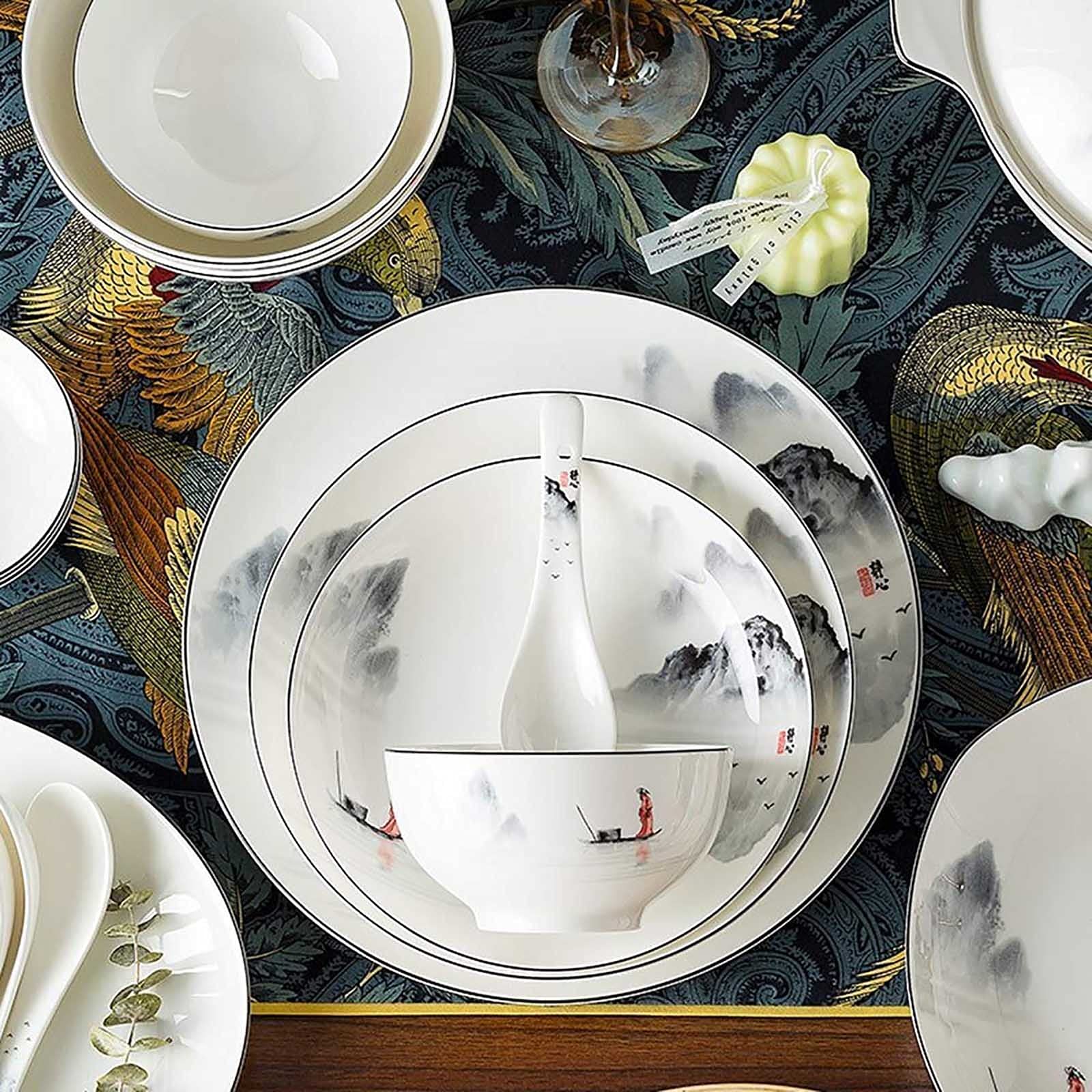 60-Piece Chinese Style Porcelain Dinnerware Set - Antique Ink Painting Design Plates, Bowls, Spoons & Soup Pot - Service for 12 - Elegant Tableware for Family Gatherings, Dinner Parties & Holiday Entertaining