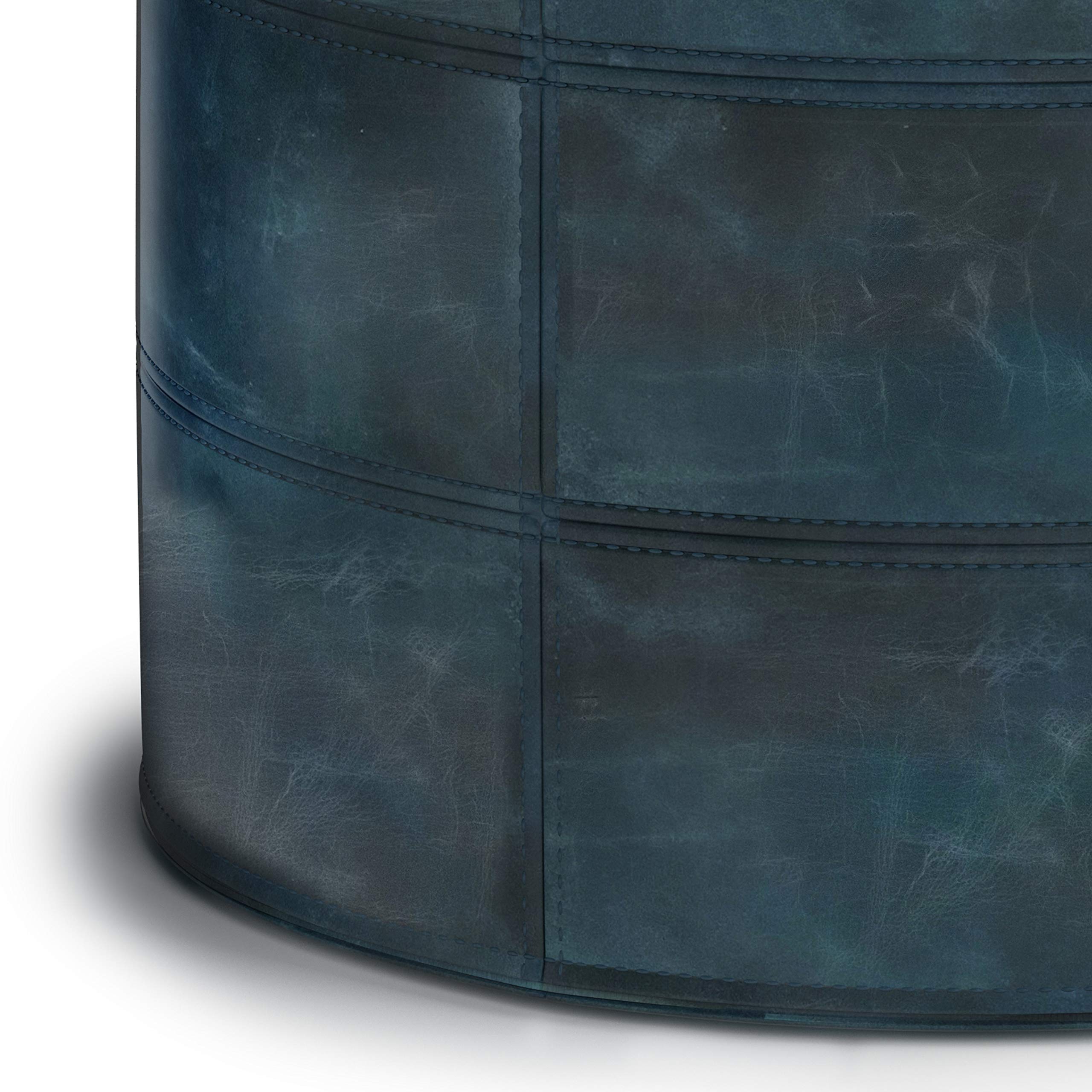 SIMPLIHOME Connor Boho Round Pouf - Distressed Teal Blue Leather Footstool & Footrest, Upholstered Ottoman for Living Room, Family Room, Bedroom - Perfect for Relaxing, Extra Seating & Home Decor