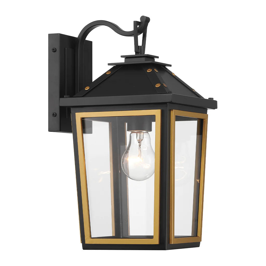 Hawkins Stainless Steel & Glass Outdoor Wall Sconce Light - 7.25x14 Inch Matte Black with Gold Finish - E26 LED Bulb Socket 120V - Weatherproof for Patio, Garden, Porch, Exterior Walls & Entryway Lighting