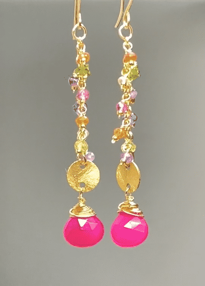 Hot Pink Chalcedony Long Dangle Earrings - Gold Filled Gemstone Jewelry for Women - Perfect for Parties, Weddings & Special Occasions