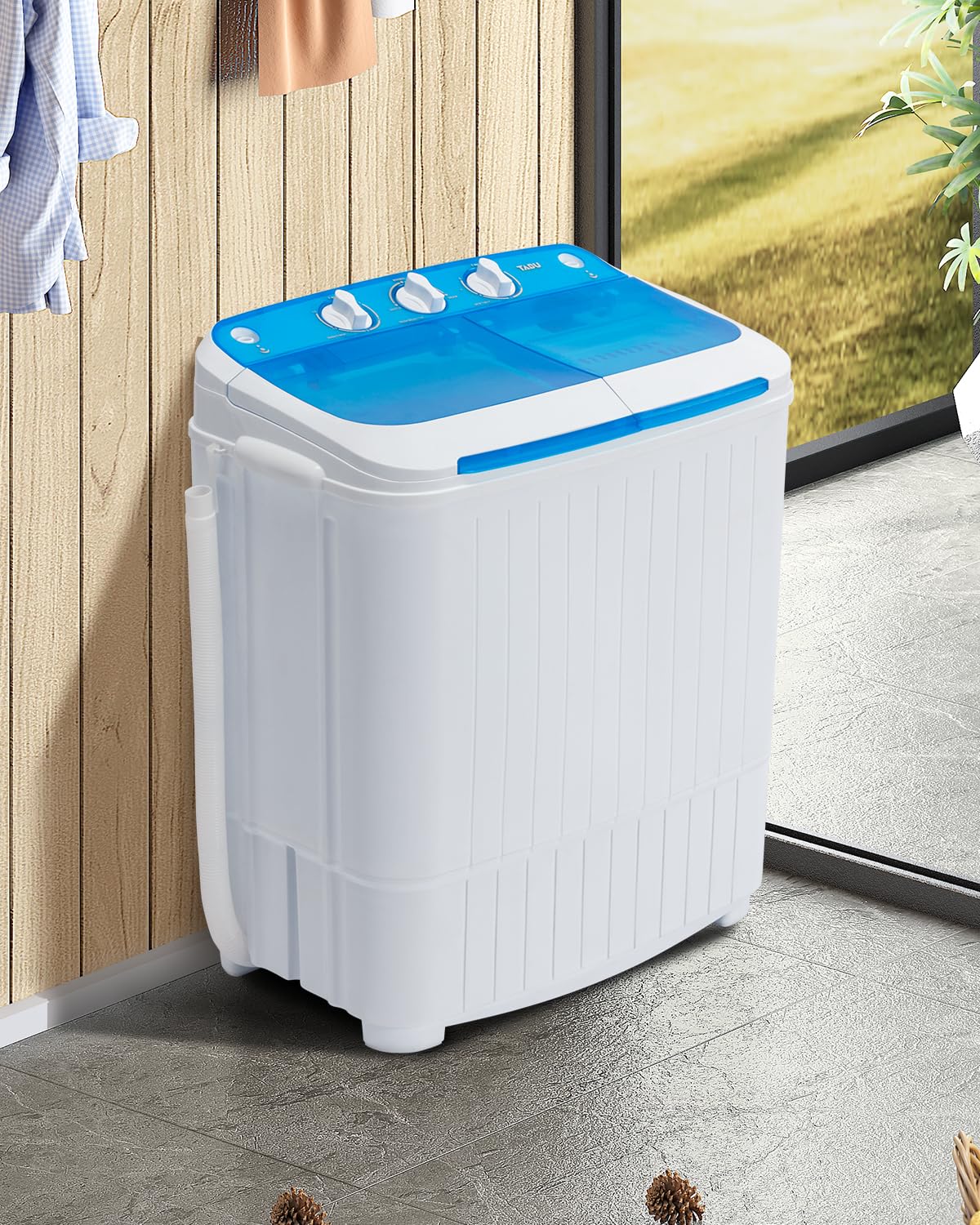 Portable Washing Machine 16.5LBS - Compact Twin Tub Mini Washer & Dryer Combo with Wash & Spin Cycle - Ideal for Apartments, Dorms, RVs, Camping & Travel - White & Blue - Perfect for Small Spaces & On-the-Go Laundry Needs