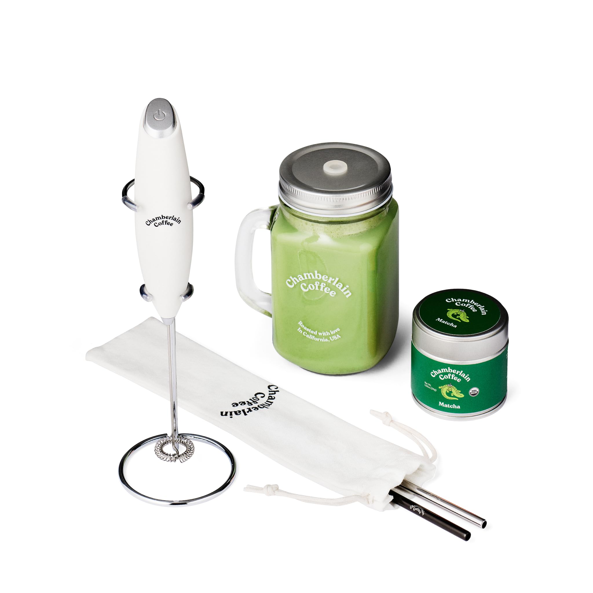 Chamberlain Coffee Matcha Starter Kit - Premium Ceremonial Grade Green Tea Matcha Powder with Milk Frother, Mason Jar & Stainless Steel Straws (1.06 Oz) - Perfect for Home Baristas, Tea Lovers & Healthy Morning Routines
