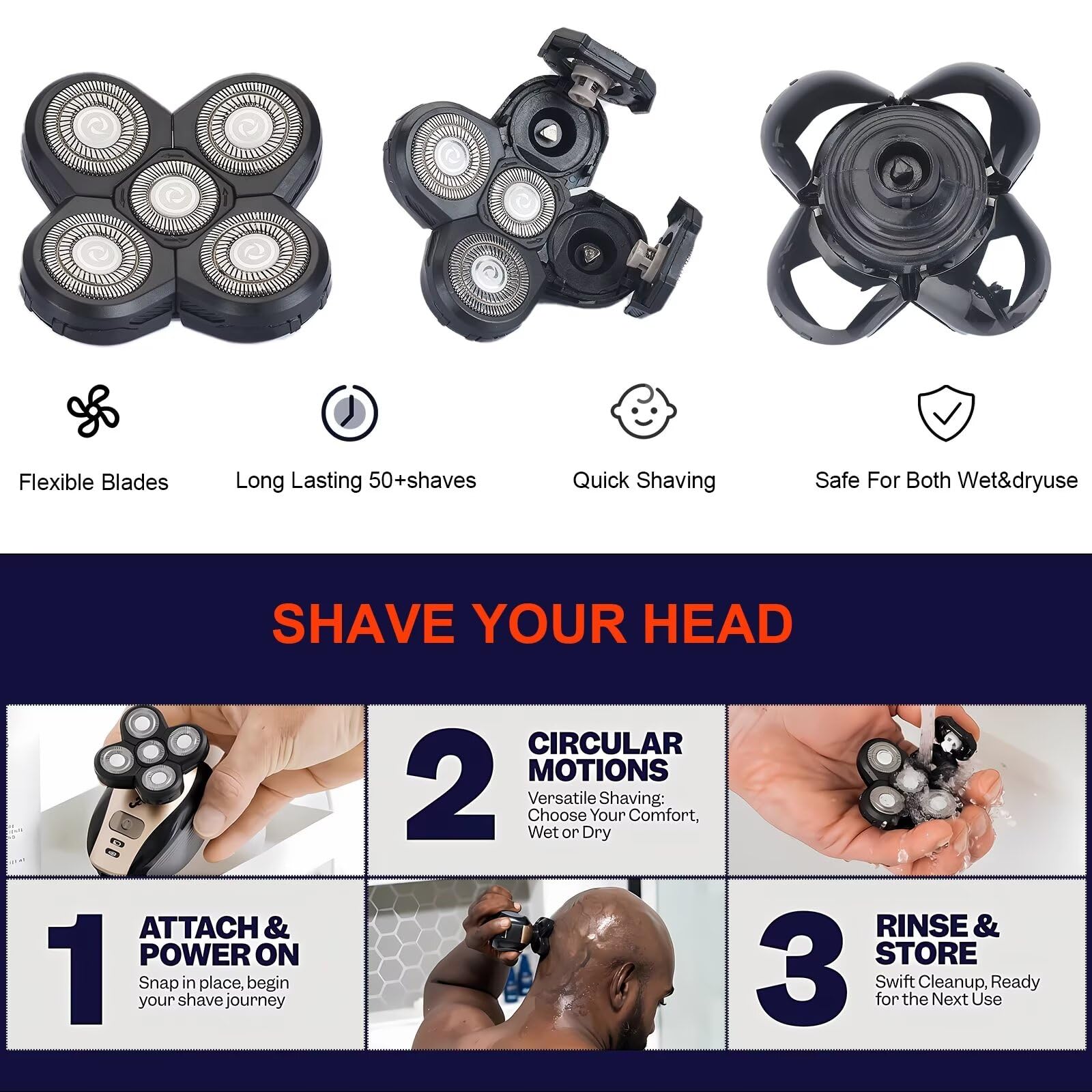 2 Pack Replacement Blades for Fre*bi*d Bald Men Head Shaver Kit - 5 Blades Electric Razor Heads for Head & Face Shaving - Perfect for Travel, Home & Gym Use