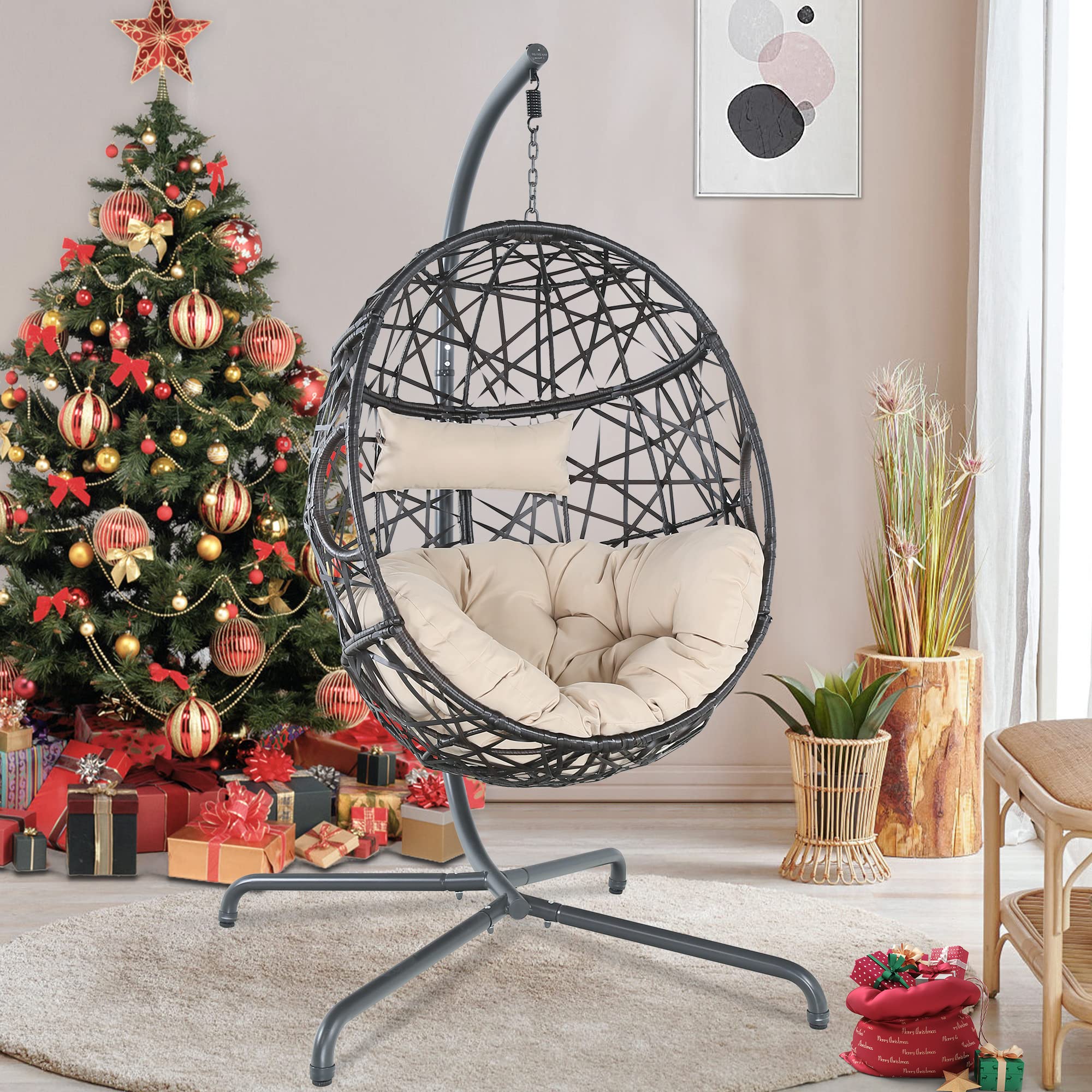 Outdoor Wicker Hanging Egg Chair with Cushion & Stand - Patio Swing Hammock for Garden, Balcony, Backyard - Beige Relaxation Chair for Porch, Poolside & Outdoor Lounging