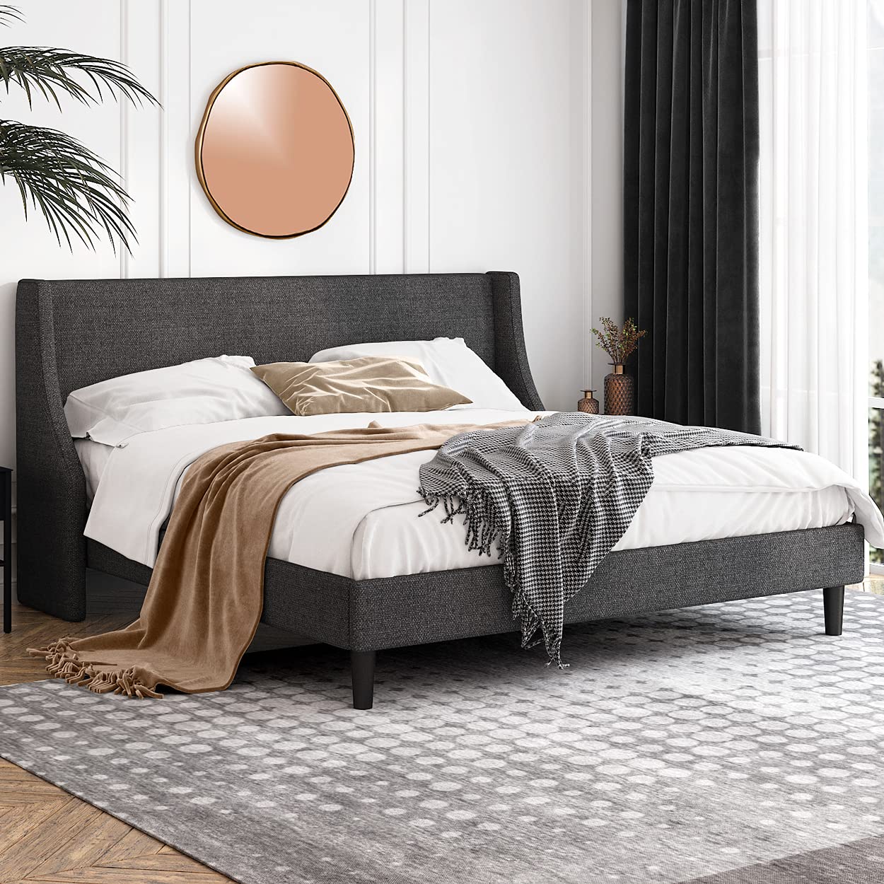 King Size Platform Bed Frame with Wingback Headboard - Upholstered Fabric Mattress Foundation with Wooden Slat Support, Dark Grey | Modern Bedroom Furniture for Master Suite, Guest Room & Apartment