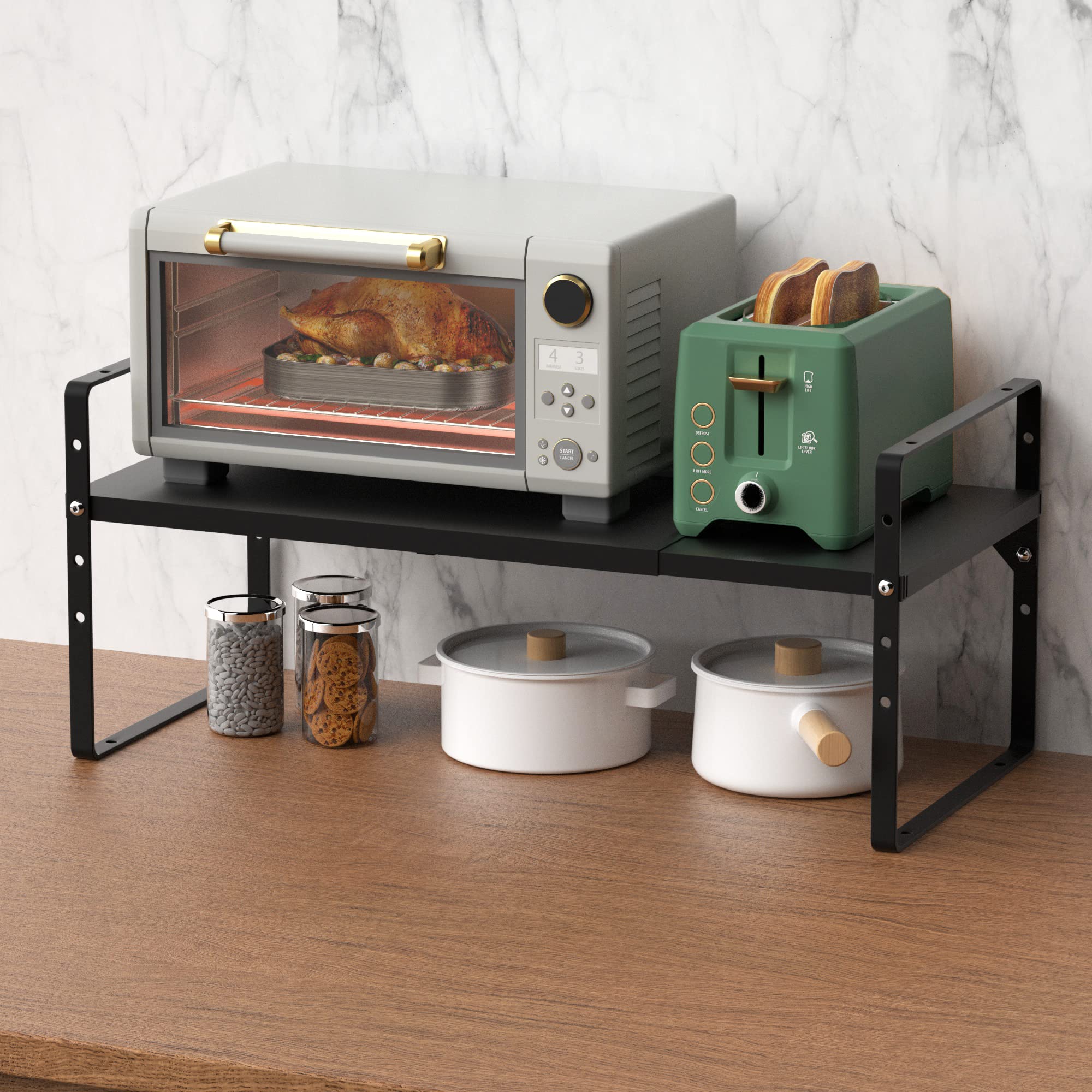 iPEGTOP Expandable Cabinet Organizer - Heavy Duty Steel Spice Rack with Adjustable Height for Kitchen, Pantry, Office & Garage Storage - Space Saving Shelf Riser for Counter Organization (Black, 1 Pack) - Perfect for Small Spaces & Clutter-Free Home Organization