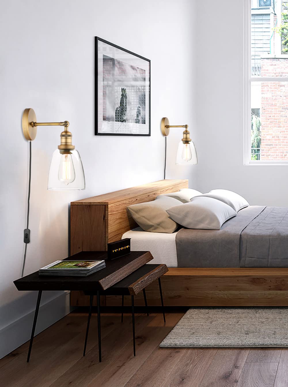 Phansthy Plug-in Wall Sconce with Switch - Antique Bronze Wall Lamp with 5.5 Inch Glass Shade for Bedroom, Living Room & Hallway Lighting