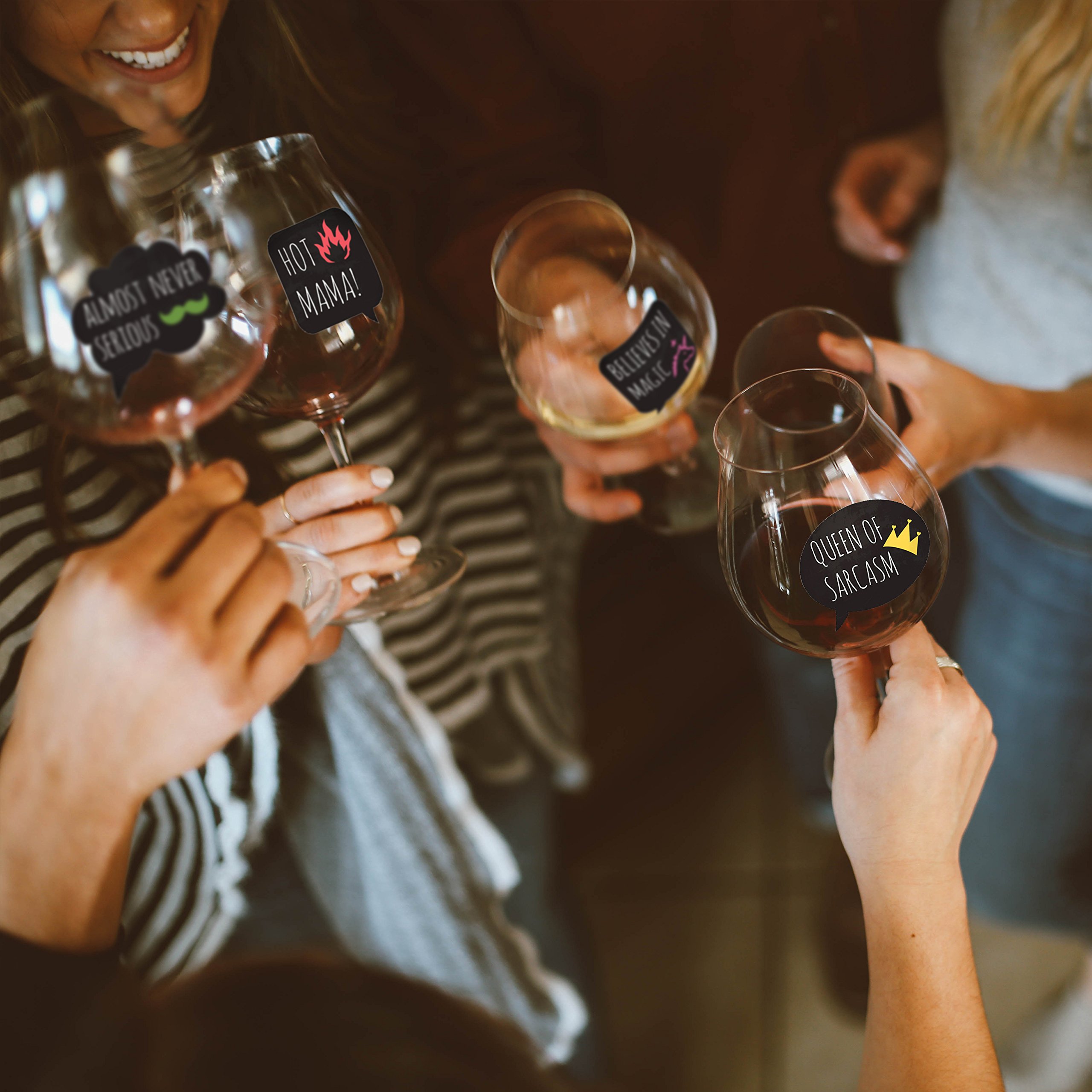 Funny Glass Drink Markers - 18 Reusable Static Cling Stickers for Wine Glasses - Perfect for Wine Tasting Parties, Wedding Favors & Gifts - Great for Home Entertaining & Office Events