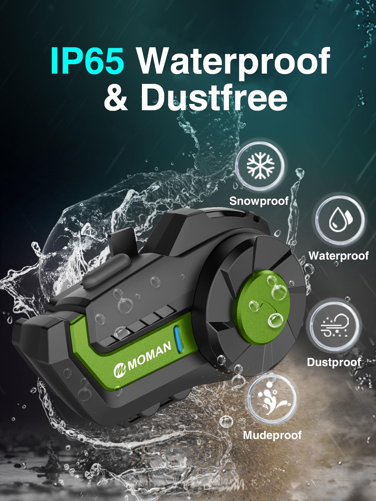 Moman H2 Pro Motorcycle Helmet Intercom System - Wireless Bluetooth 5.1 Communication Headset with DSP & CVC Noise Cancellation, AI Voice Assistant, Music Sharing (Green) - Perfect for Group Riding, Touring & Adventure Motorcycling