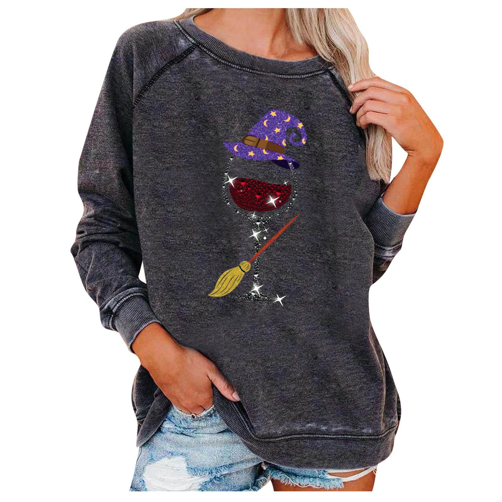 Halloween Witch Graphic Sweatshirt for Women - Cozy Full Sleeve Round Neck Loose Blouse - Cute Halloween Print Tops for Parties, Costume Events & Fall Fashion