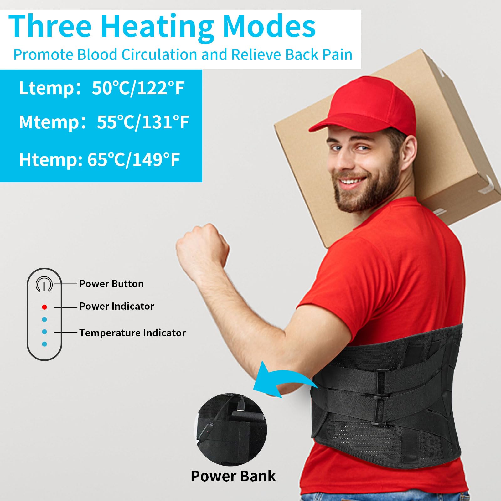 Rechargeable Heated Back Brace for Lower Back Pain Relief - Breathable Lumbar Support Belt with Heating for Herniated Disc & Sciatica - Men & Women - Perfect for Office Work, Driving & Daily Comfort (Large)