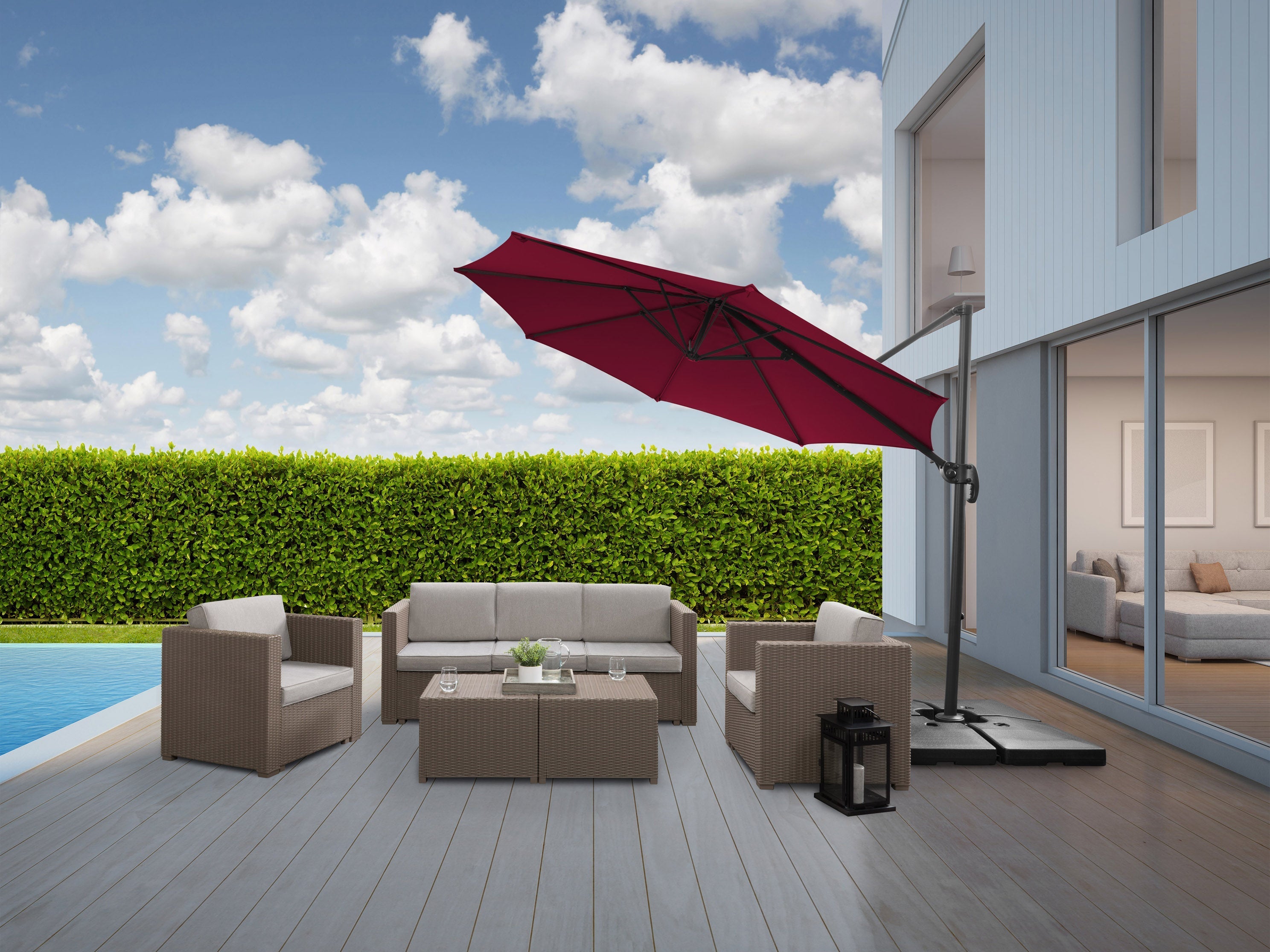 9.5ft Offset Patio Umbrella - 360 Degree Rotation, Wine Red Color for Outdoor Dining, Poolside Lounging & Garden Relaxation