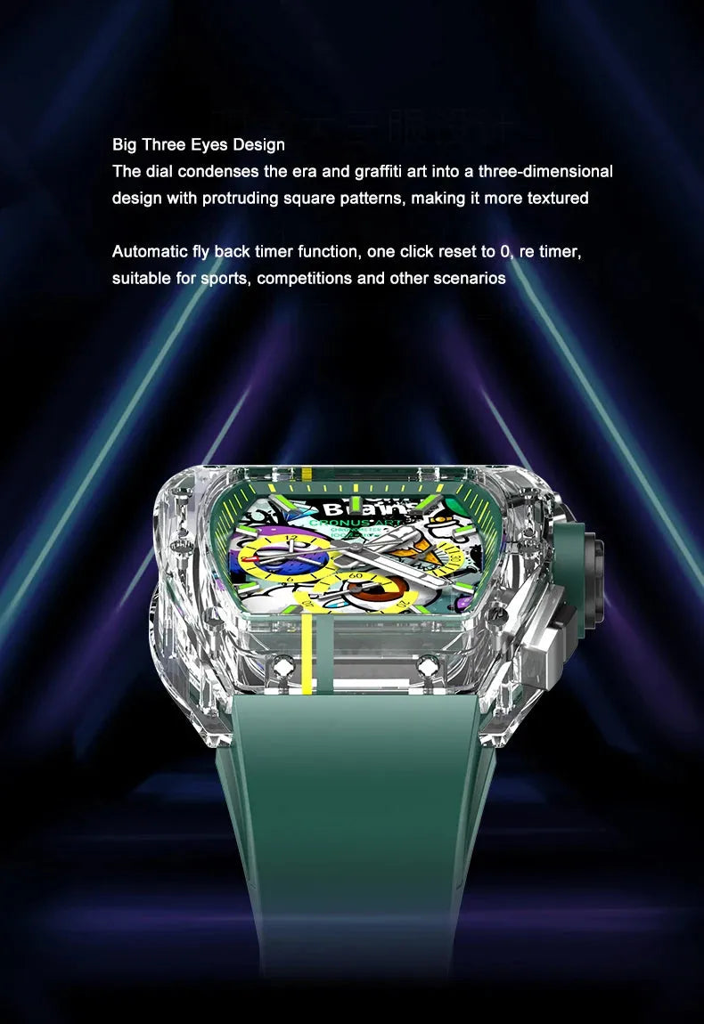 CRONUSART Men's Chronograph Watch - Tonneau Sapphire Crystal Case, Automatic Mechanical Wristwatch with Luminous Hands, Skeleton Dial & Triple Calendar Display - Durable Fluororubber Strap for Business, Casual & Outdoor Activities