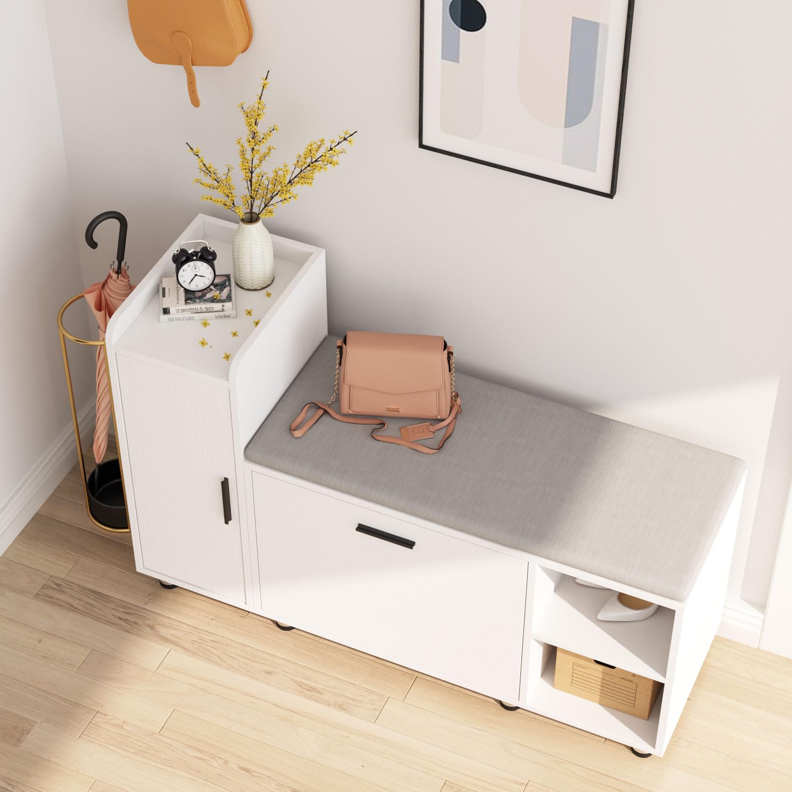 Maupvit Shoe Storage Bench with Flip Drawer Shoe Cabinet - 8 Adjustable Metal Feet, White Entryway Organizer for Hallway, Bedroom & Closet Storage Solution
