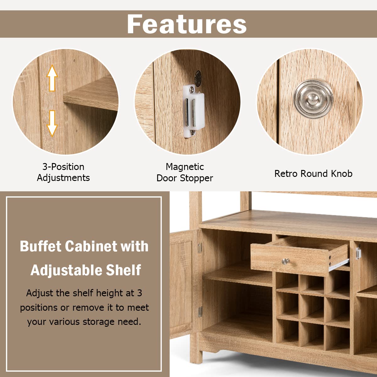 PETSITE Sideboard Buffet Cabinet with Storage - Wine Rack, Open Shelf, 2 Cabinets & Drawer - Wood Accent Coffee Bar Station Console Table for Kitchen, Living Room, Entryway - Perfect for Home Decor, Dining Room Storage & Entertainment Serving