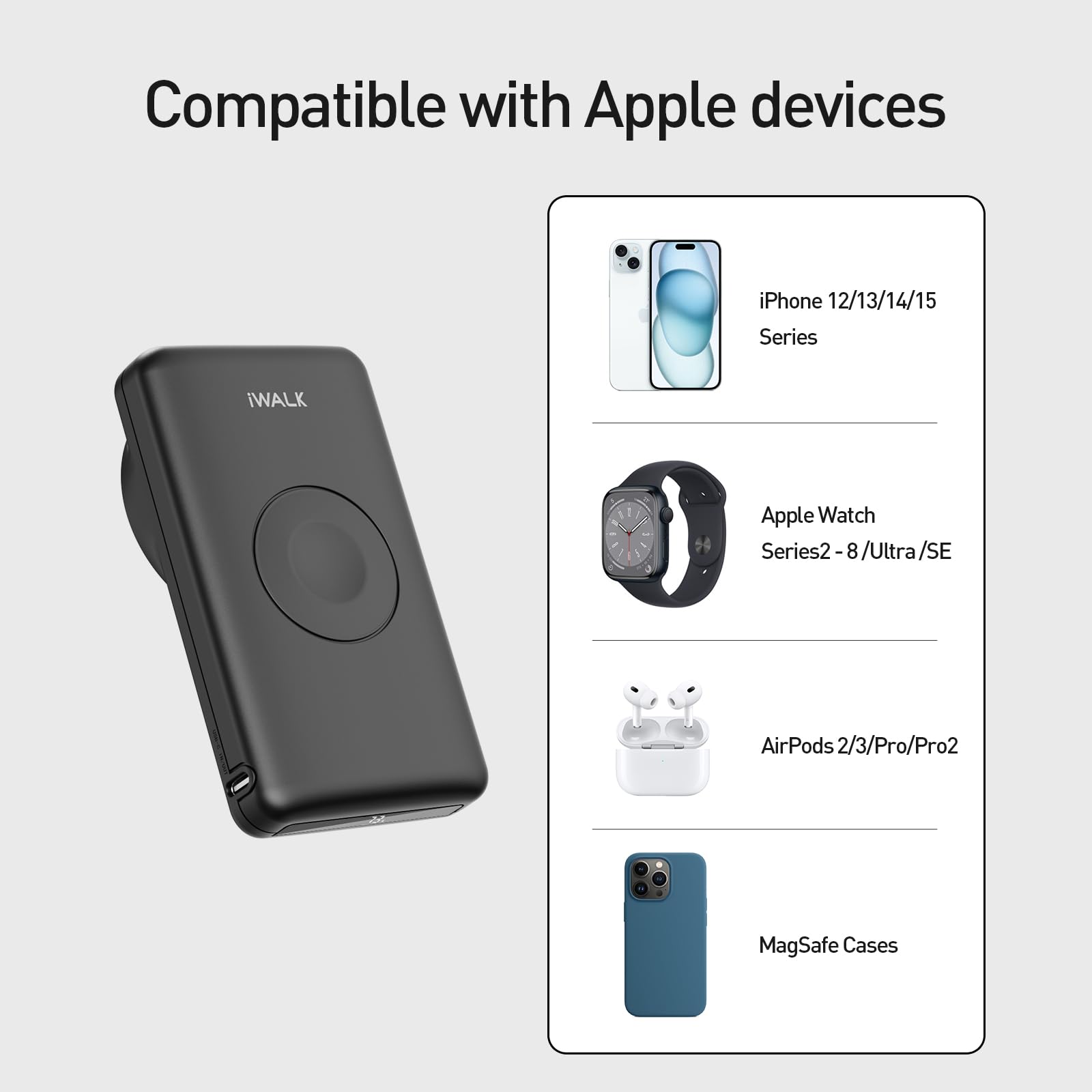 iWALK MAG-X 10000mAh Magnetic Wireless Power Bank with Apple Watch Charger | PD Fast Charging Portable Battery Pack | Compatible with iPhone 16/15/14/13/12 Series & Apple Watch Ultra/8/7/6/5/4 | Perfect for Travel, Work, and Outdoor Adventures